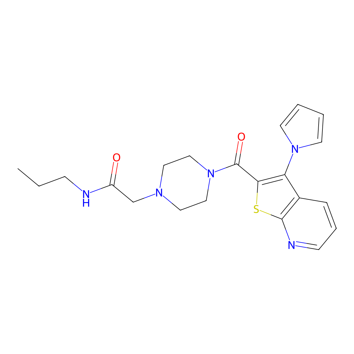 N-propyl-2-{4-[3-(1H-pyrrol-1-yl)thieno[2,3-b]pyridine-2-carbonyl]piperazin-1-yl}acetamide molecular structure, CAS 1112279-78-3