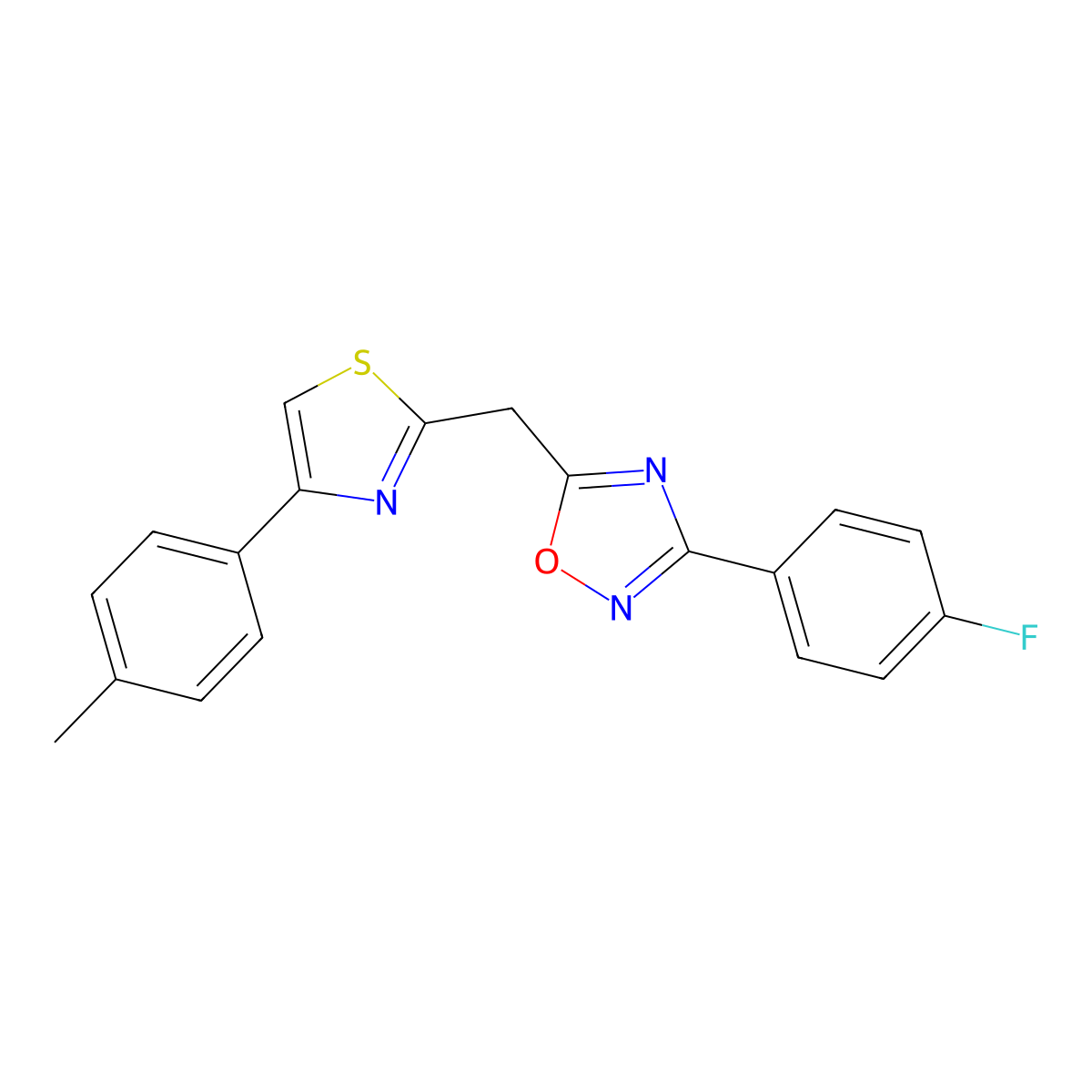 3-(4-Fluorophenyl)-5-{[4-(4-methylphenyl)-1,3-thiazol-2-yl]methyl}-1,2,4-oxadiazole molecular structure, CAS 1112280-09-7