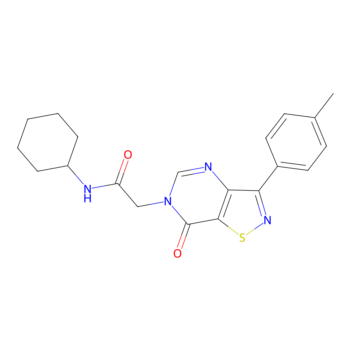 N-cyclohexyl-2-[3-(4-methylphenyl)-7-oxo-6H,7H-[1,2]thiazolo[4,5-d]pyrimidin-6-yl]acetamide molecular structure, CAS 1112297-95-6