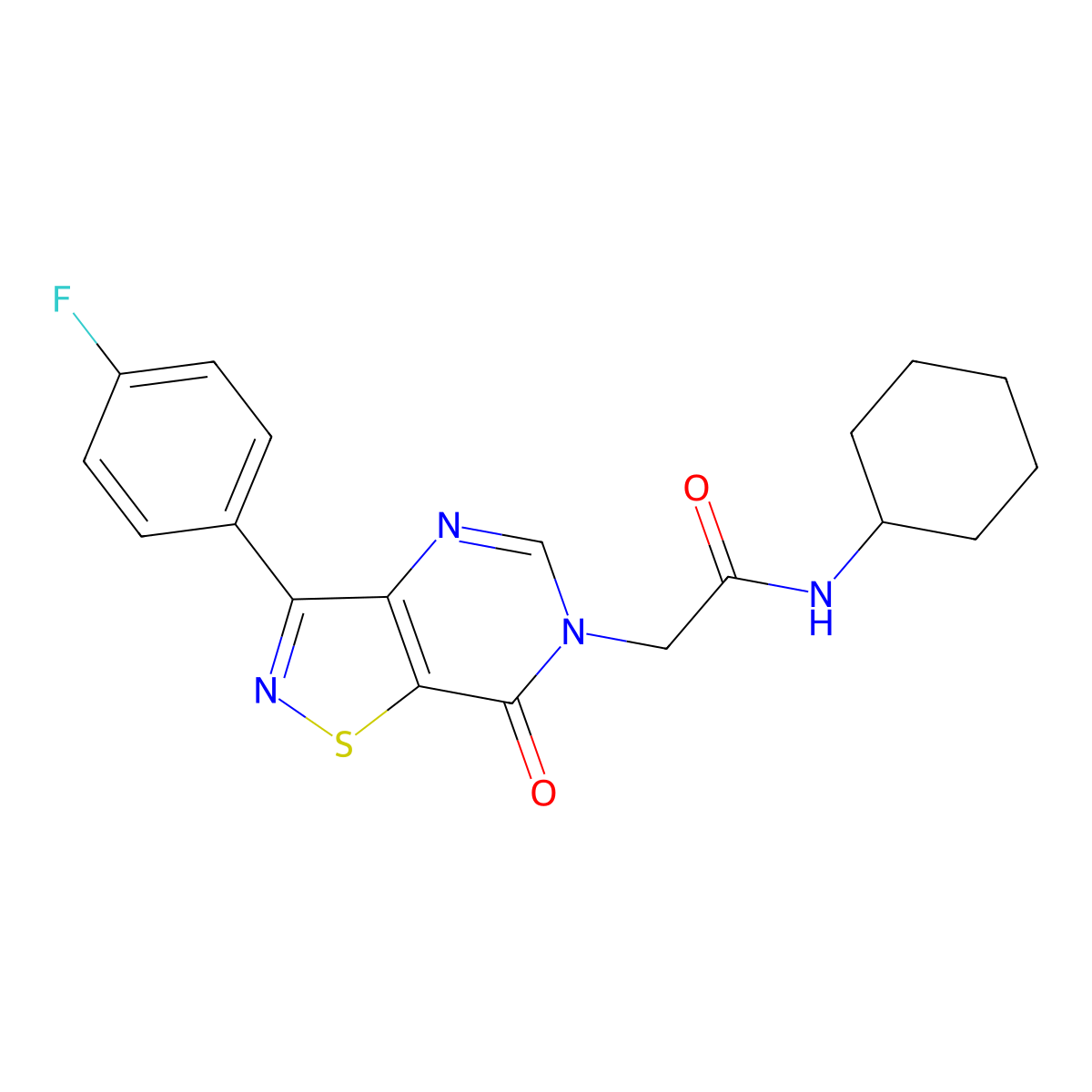 N-cyclohexyl-2-[3-(4-fluorophenyl)-7-oxo-6H,7H-[1,2]thiazolo[4,5-d]pyrimidin-6-yl]acetamide molecular structure, CAS 1112298-23-3