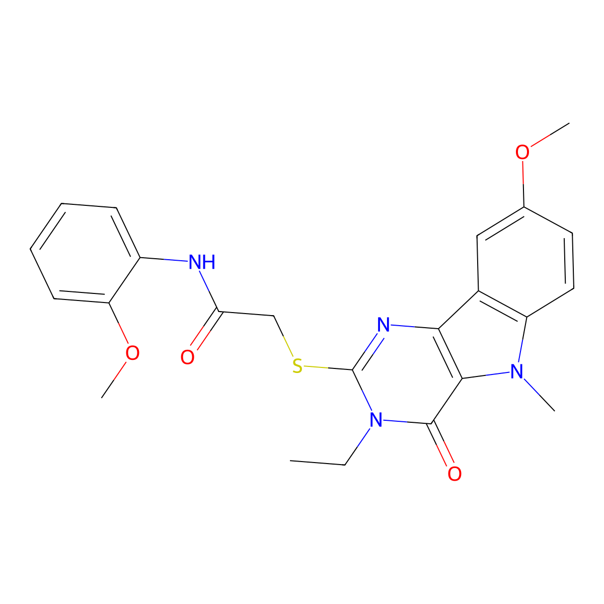 2-({3-ethyl-8-methoxy-5-methyl-4-oxo-3H,4H,5H-pyrimido[5,4-b]indol-2-yl}sulfanyl)-N-(2-methoxyphenyl)acetamide molecular structure, CAS 1112301-14-0