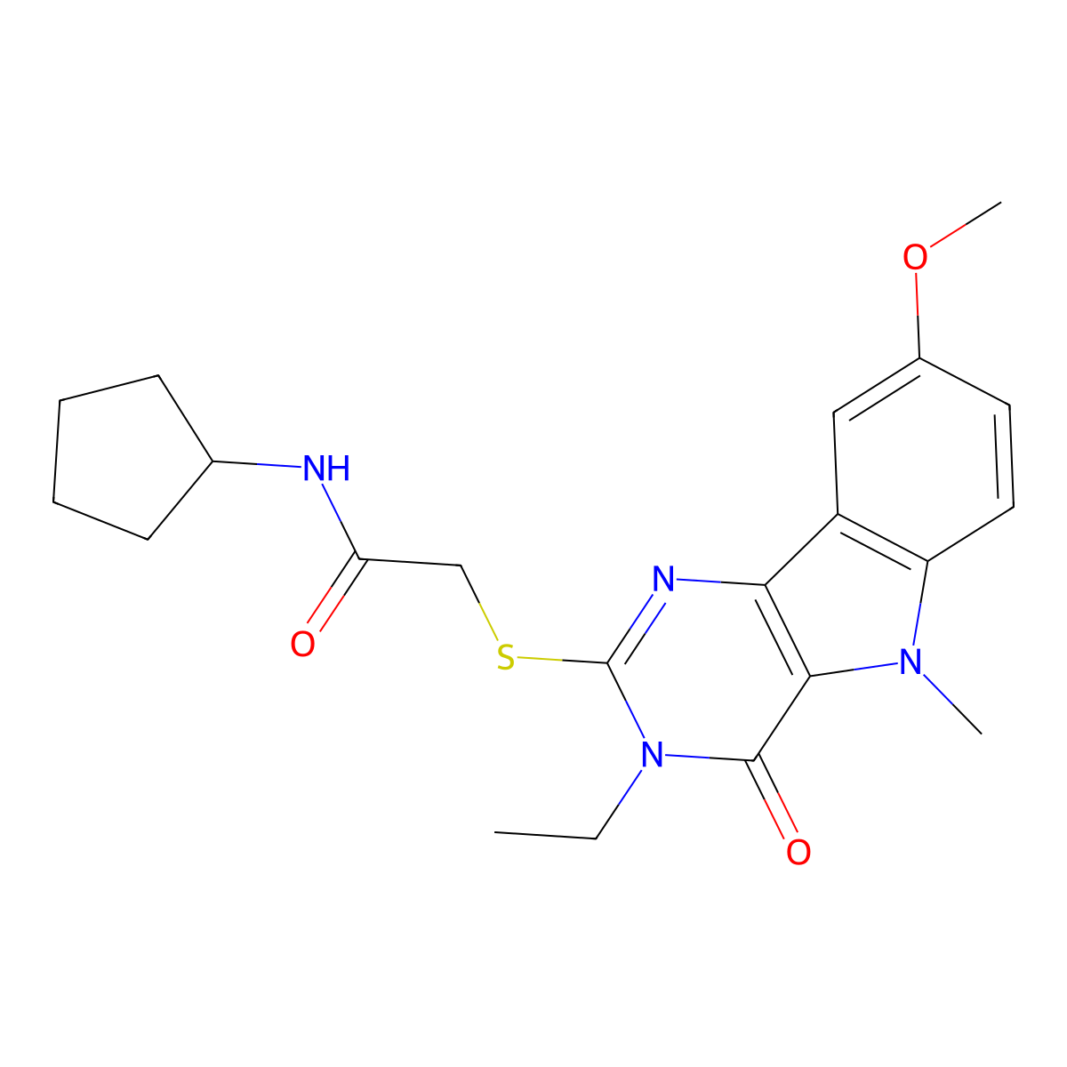 N-cyclopentyl-2-({3-ethyl-8-methoxy-5-methyl-4-oxo-3H,4H,5H-pyrimido[5,4-b]indol-2-yl}sulfanyl)acetamide molecular structure, CAS 1112301-15-1