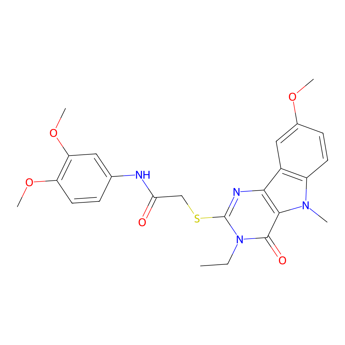 N-(3,4-dimethoxyphenyl)-2-({3-ethyl-8-methoxy-5-methyl-4-oxo-3H,4H,5H-pyrimido[5,4-b]indol-2-yl}sulfanyl)acetamide molecular structure, CAS 1112301-21-9