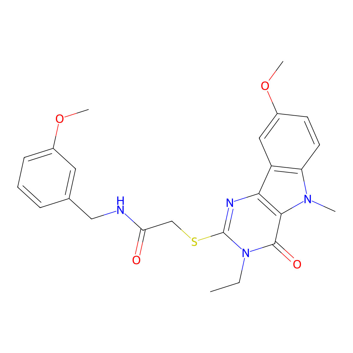 2-({3-ethyl-8-methoxy-5-methyl-4-oxo-3H,4H,5H-pyrimido[5,4-b]indol-2-yl}sulfanyl)-N-[(3-methoxyphenyl)methyl]acetamide molecular structure, CAS 1112301-29-7