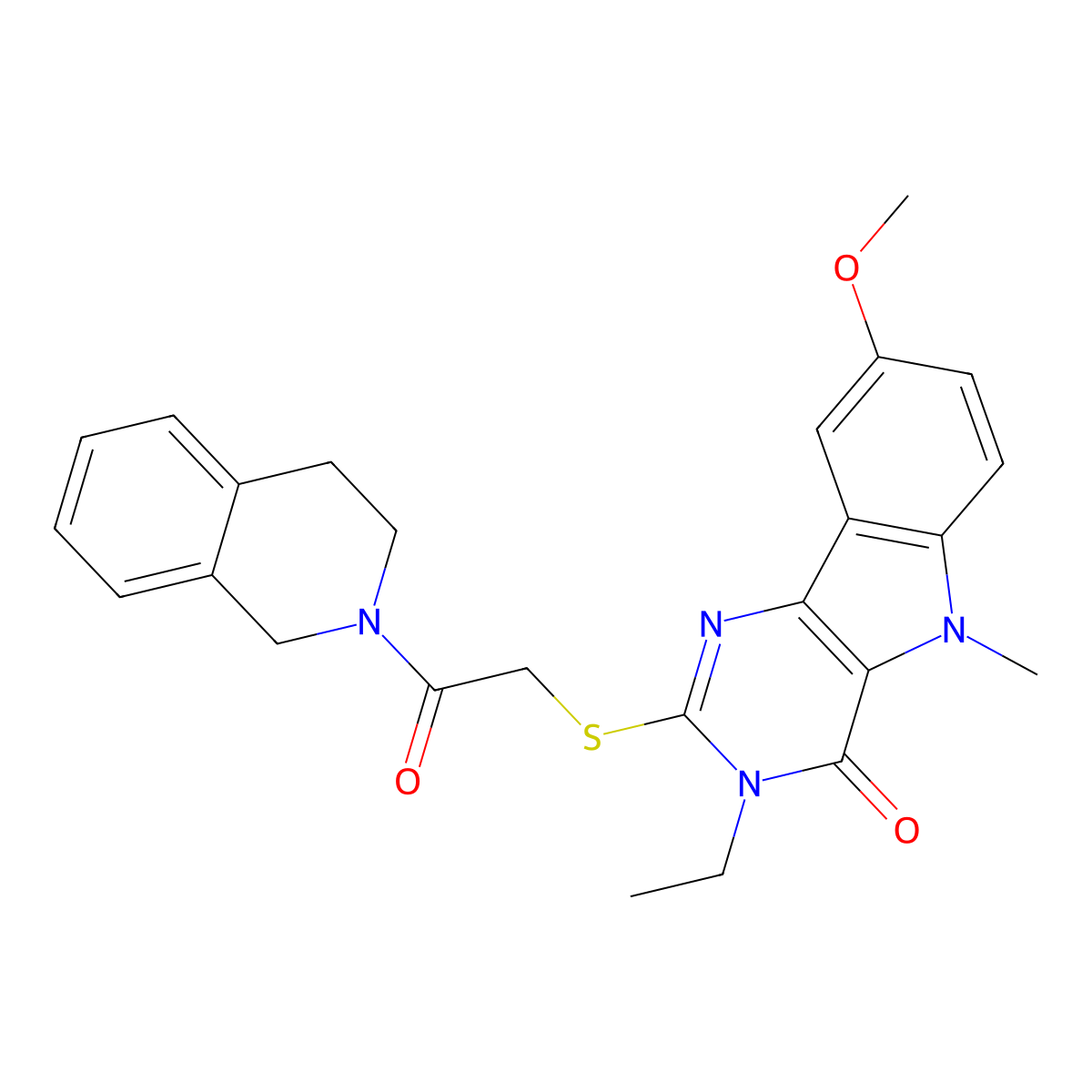 2-((2-(3,4-dihydroisoquinolin-2(1H)-yl)-2-oxoethyl)thio)-3-ethyl-8-methoxy-5-methyl-3H-pyrimido[5,4-b]indol-4(5H)-one molecular structure, CAS 1112301-32-2