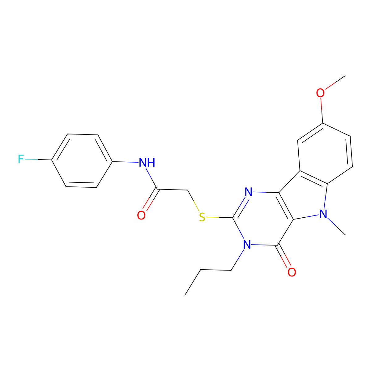N-(4-fluorophenyl)-2-((8-methoxy-5-methyl-4-oxo-3-propyl-4,5-dihydro-3H-pyrimido[5,4-b]indol-2-yl)thio)acetamide molecular structure, CAS 1112301-37-7