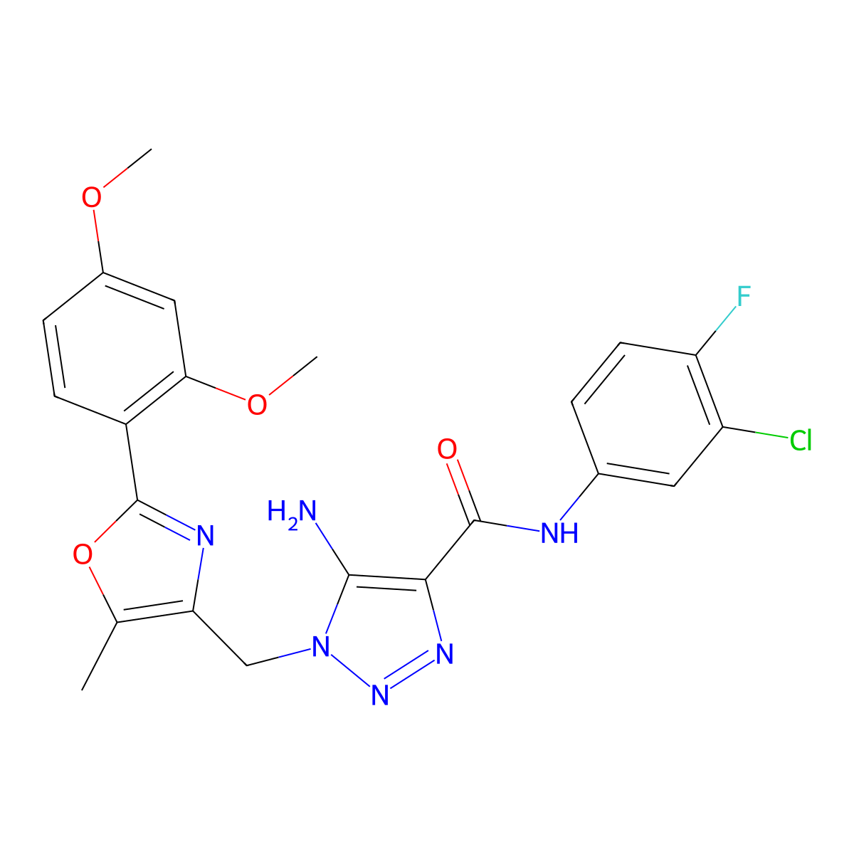 5-amino-N-(3-chloro-4-fluorophenyl)-1-{[2-(2,4-dimethoxyphenyl)-5-methyl-1,3-oxazol-4-yl]methyl}-1H-1,2,3-triazole-4-carboxamide molecular structure, CAS 1112307-85-3