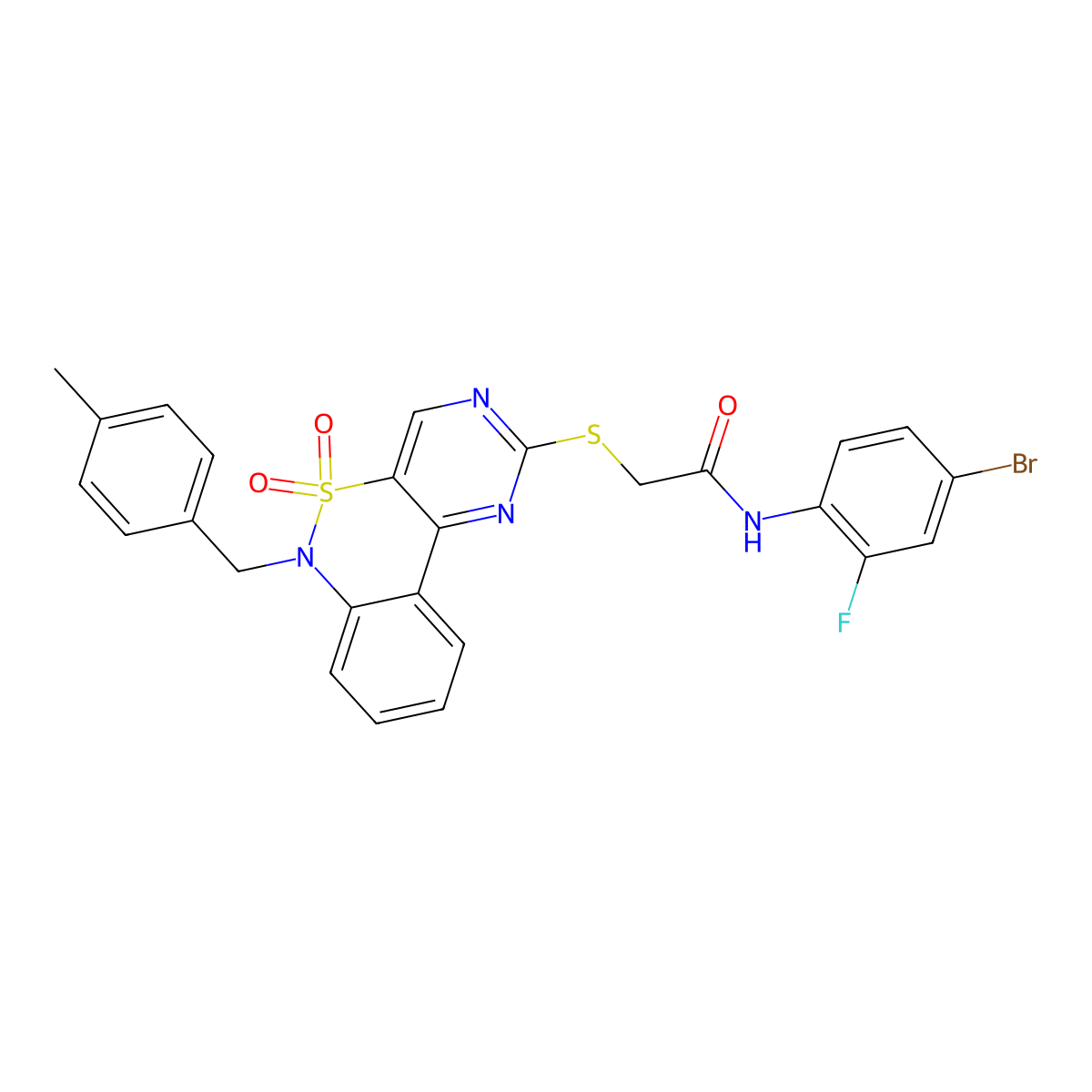 N-(4-bromo-2-fluorophenyl)-2-((6-(4-methylbenzyl)-5,5-dioxido-6H-benzo[c]pyrimido[4,5-e][1,2]thiazin-2-yl)thio)acetamide molecular structure, CAS 1112310-86-7