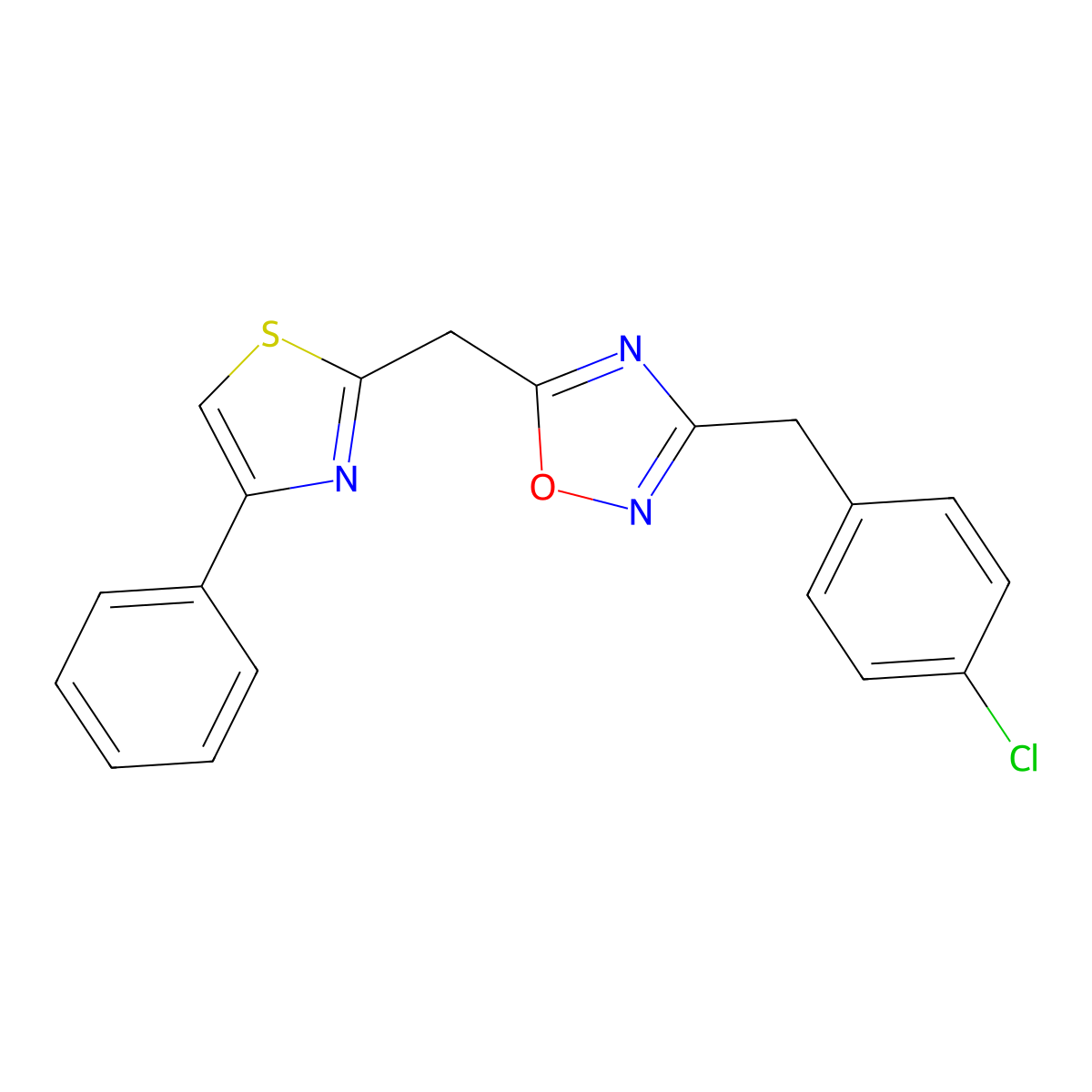 3-[(4-Chlorophenyl)methyl]-5-[(4-phenyl-1,3-thiazol-2-yl)methyl]-1,2,4-oxadiazole molecular structure, CAS 1112327-52-2