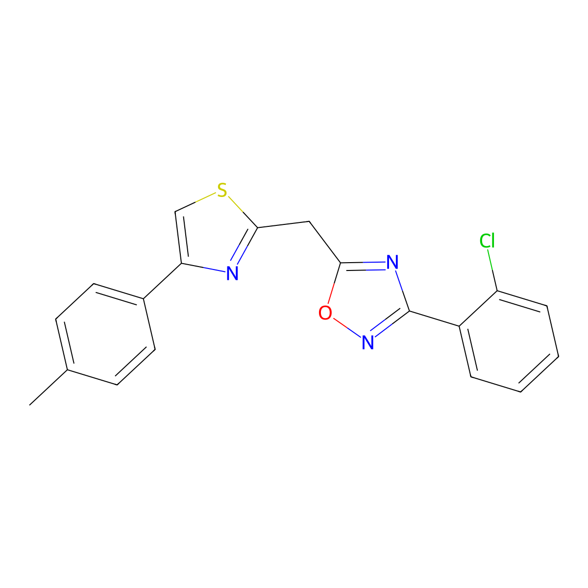 3-(2-Chlorophenyl)-5-{[4-(4-methylphenyl)-1,3-thiazol-2-yl]methyl}-1,2,4-oxadiazole molecular structure, CAS 1112327-53-3