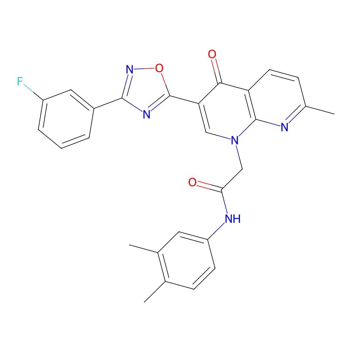 N-(3,4-dimethylphenyl)-2-(3-(3-(3-fluorophenyl)-1,2,4-oxadiazol-5-yl)-7-methyl-4-oxo-1,8-naphthyridin-1(4H)-yl)acetamide molecular structure, CAS 1112332-32-7