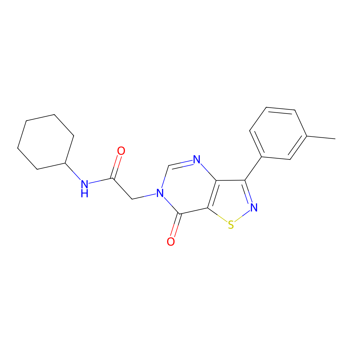 N-cyclohexyl-2-[3-(3-methylphenyl)-7-oxo-6H,7H-[1,2]thiazolo[4,5-d]pyrimidin-6-yl]acetamide molecular structure, CAS 1112338-44-9