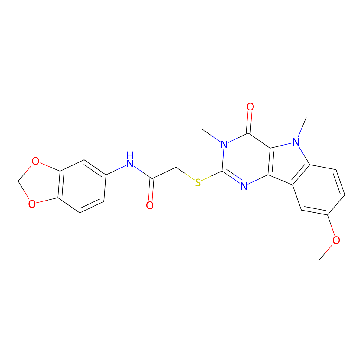 N-(benzo[d][1,3]dioxol-5-yl)-2-((8-methoxy-3,5-dimethyl-4-oxo-4,5-dihydro-3H-pyrimido[5,4-b]indol-2-yl)thio)acetamide molecular structure, CAS 1112341-63-5