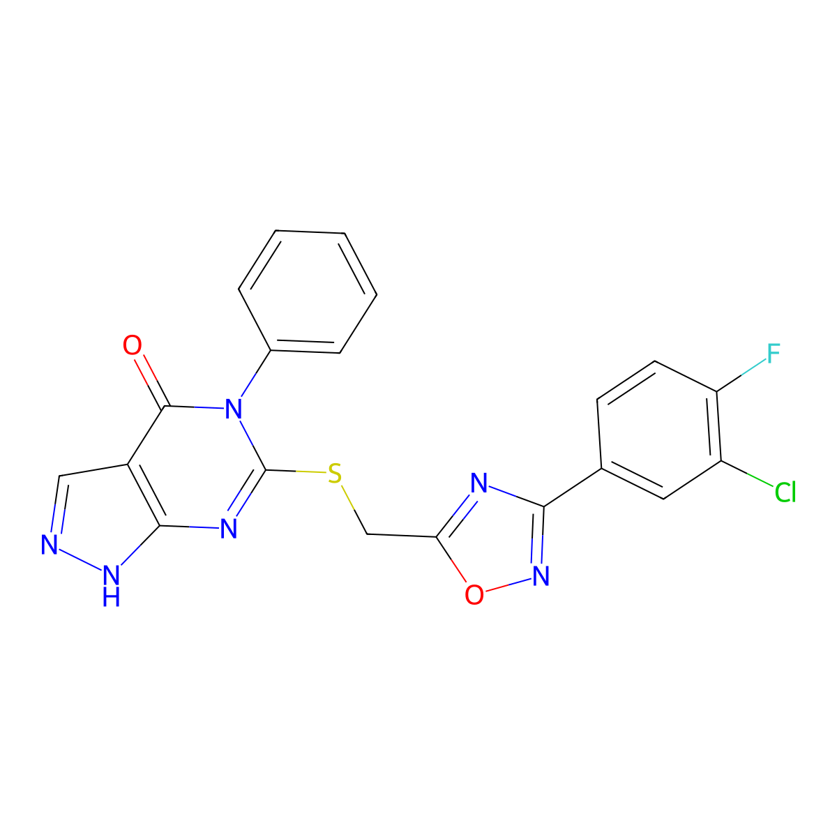 6-(((3-(3-chloro-4-fluorophenyl)-1,2,4-oxadiazol-5-yl)methyl)thio)-5-phenyl-1H-pyrazolo[3,4-d]pyrimidin-4(5H)-one molecular structure, CAS 1112348-43-2