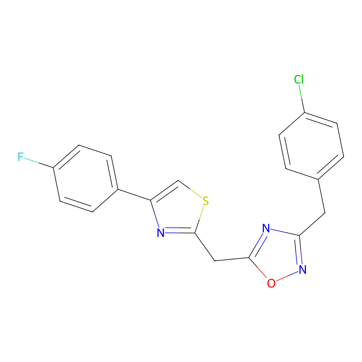 3-(4-Chlorobenzyl)-5-((4-(4-fluorophenyl)thiazol-2-yl)methyl)-1,2,4-oxadiazole molecular structure, CAS 1112360-84-5