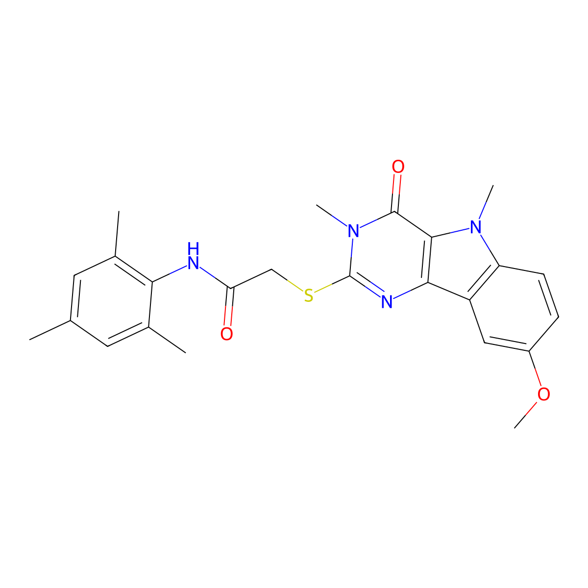 2-({8-methoxy-3,5-dimethyl-4-oxo-3H,4H,5H-pyrimido[5,4-b]indol-2-yl}sulfanyl)-N-(2,4,6-trimethylphenyl)acetamide molecular structure, CAS 1112375-08-2