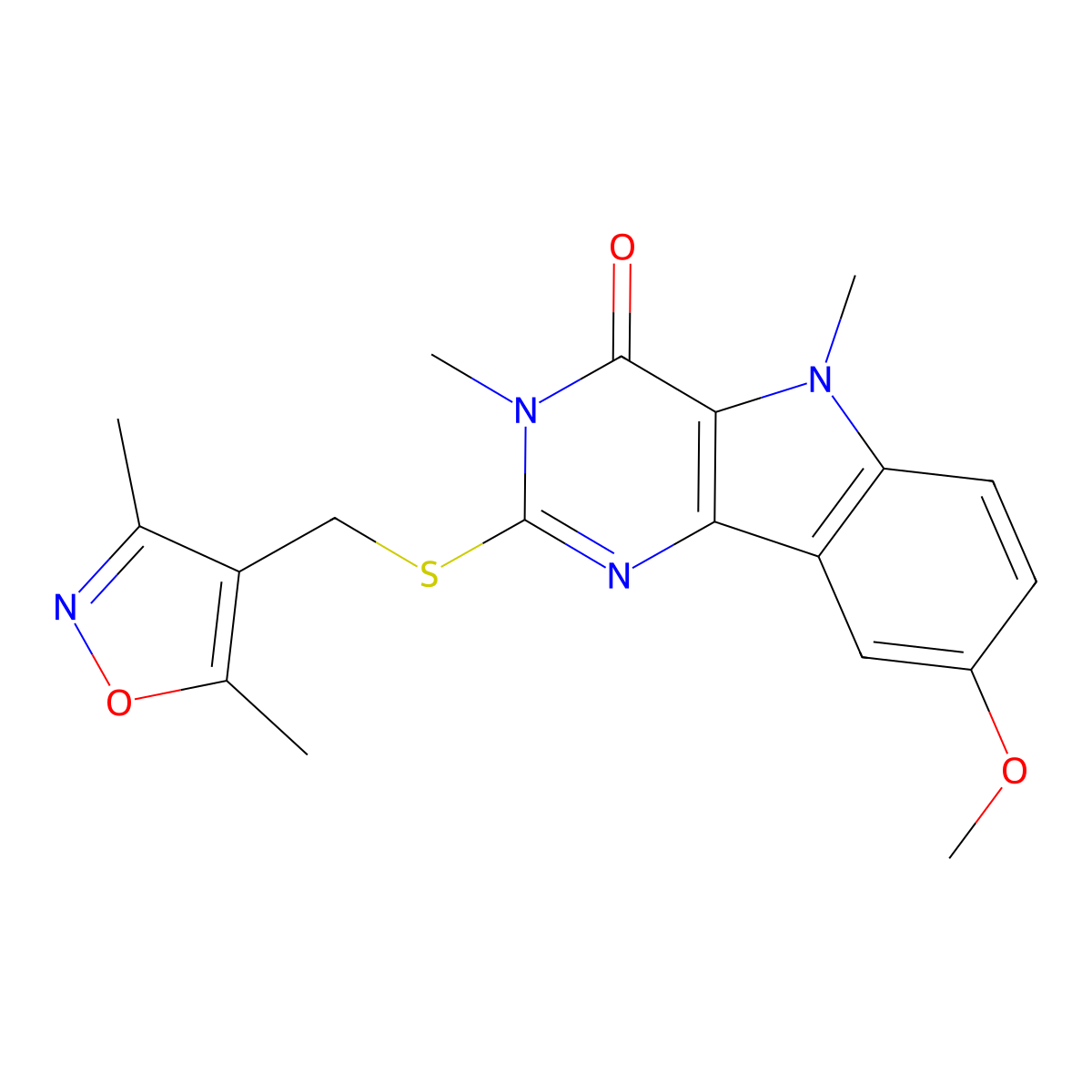 2-(((3,5-dimethylisoxazol-4-yl)methyl)thio)-8-methoxy-3,5-dimethyl-3H-pyrimido[5,4-b]indol-4(5H)-one molecular structure, CAS 1112375-18-4
