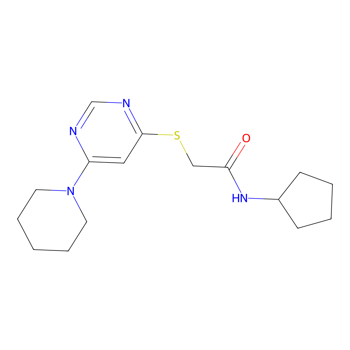 N-cyclopentyl-2-((6-(piperidin-1-yl)pyrimidin-4-yl)thio)acetamide molecular structure, CAS 1112383-71-7