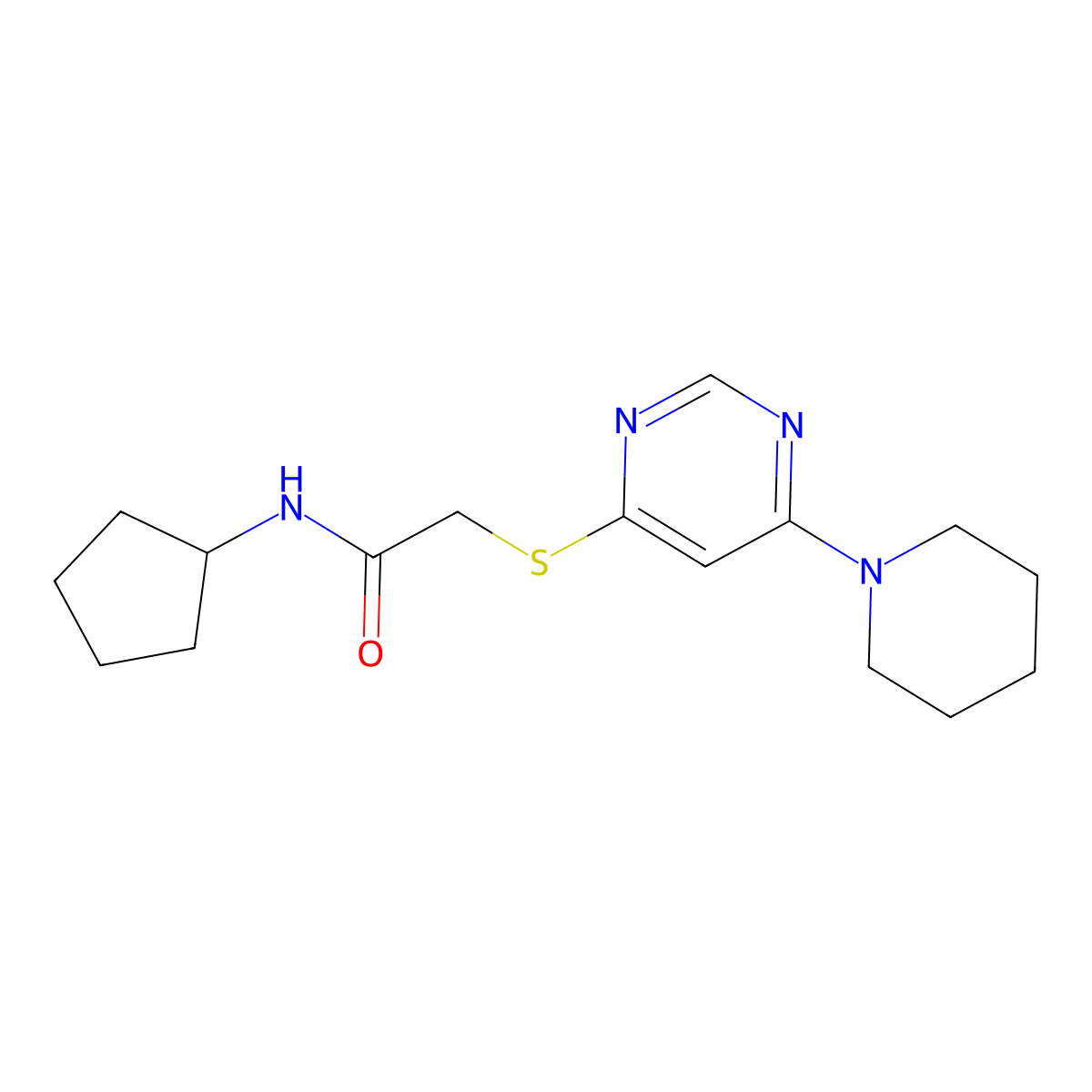 N-cyclopentyl-2-((6-(piperidin-1-yl)pyrimidin-4-yl)thio)acetamide molecular structure, CAS 1112383-71-7
