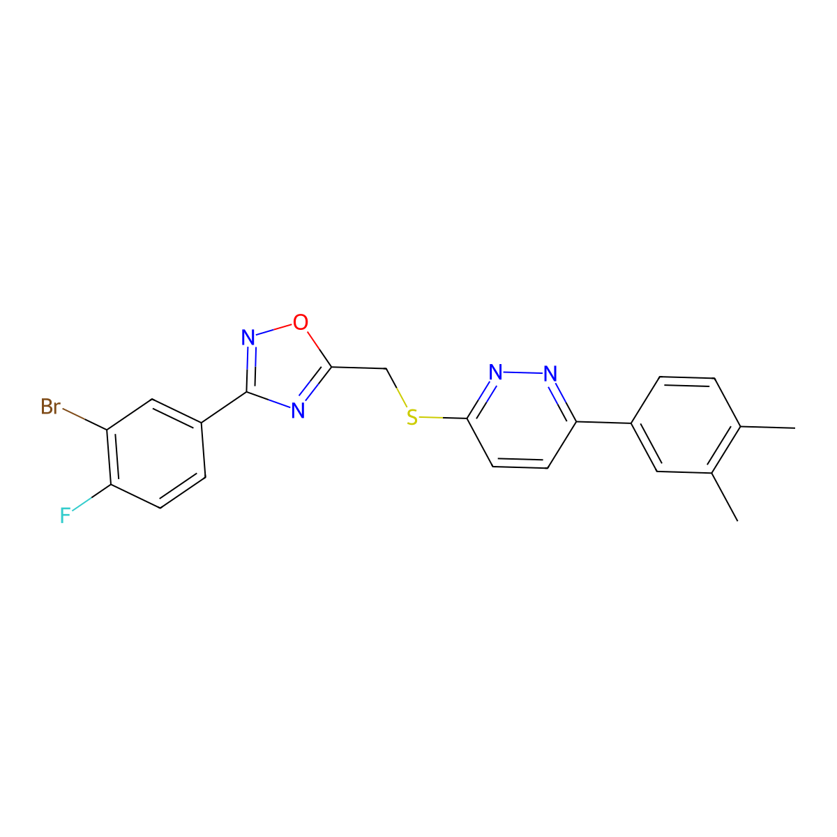 3-(3-Bromo-4-fluorophenyl)-5-(((6-(3,4-dimethylphenyl)pyridazin-3-yl)thio)methyl)-1,2,4-oxadiazole molecular structure, CAS 1112383-78-4
