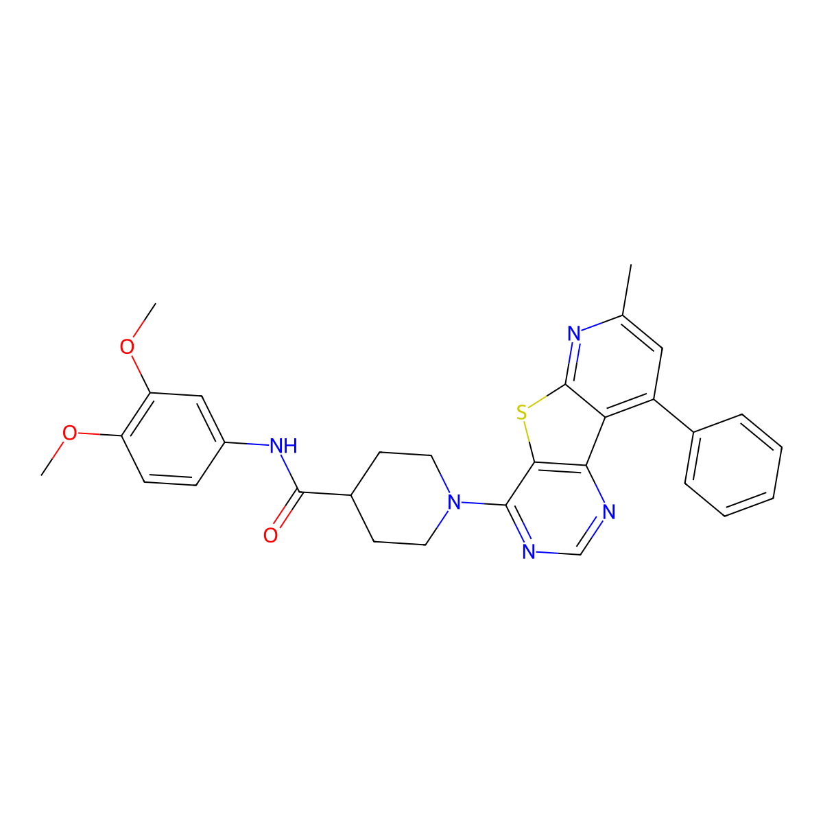 N-(3,4-dimethoxyphenyl)-1-{11-methyl-13-phenyl-8-thia-3,5,10-triazatricyclo[7.4.0.0^{2,7}]trideca-1(13),2(7),3,5,9,11-hexaen-6-yl}piperidine-4-carboxamide molecular structure, CAS 1112384-24-3
