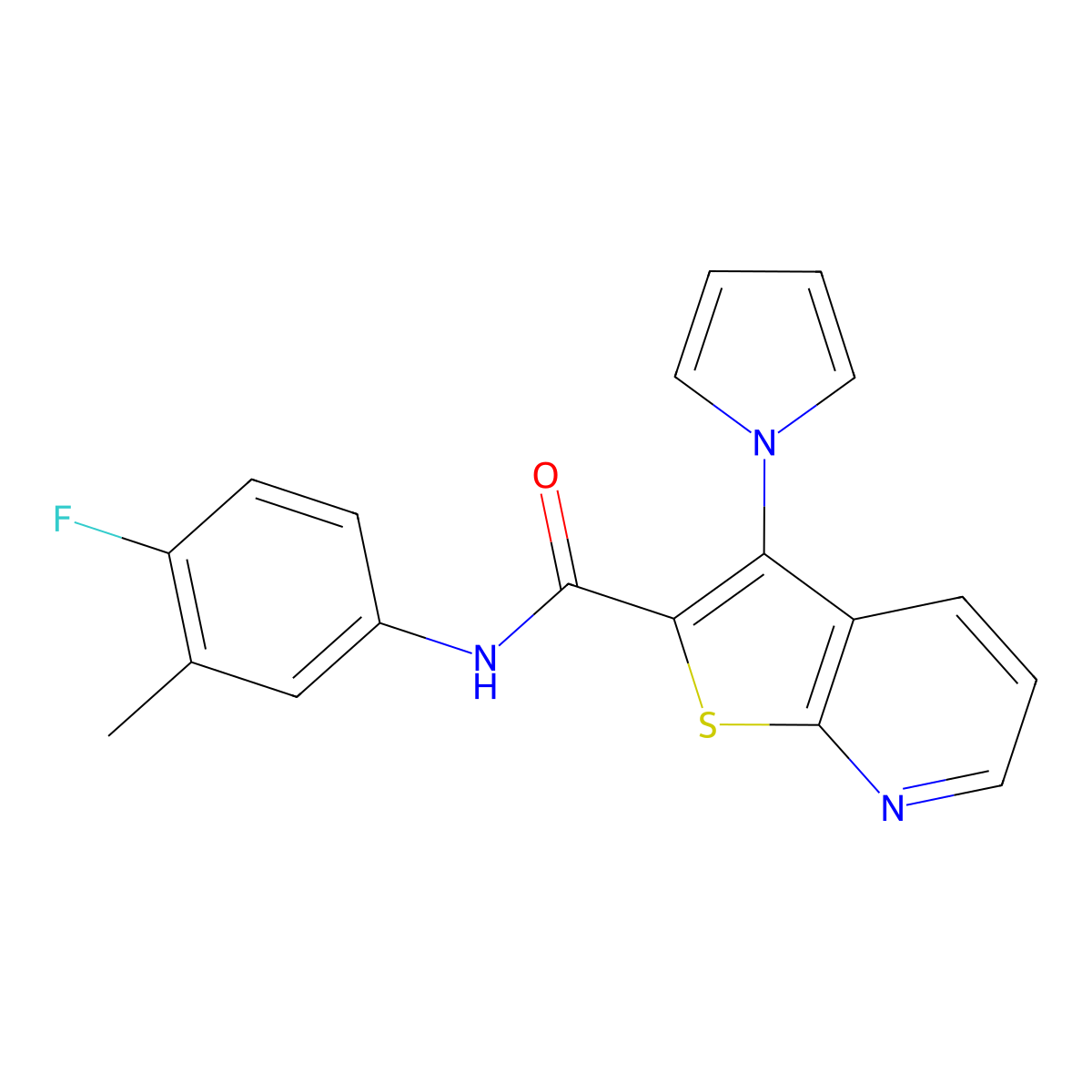 N-(4-fluoro-3-methylphenyl)-3-(1H-pyrrol-1-yl)thieno[2,3-b]pyridine-2-carboxamide molecular structure, CAS 1112385-27-9