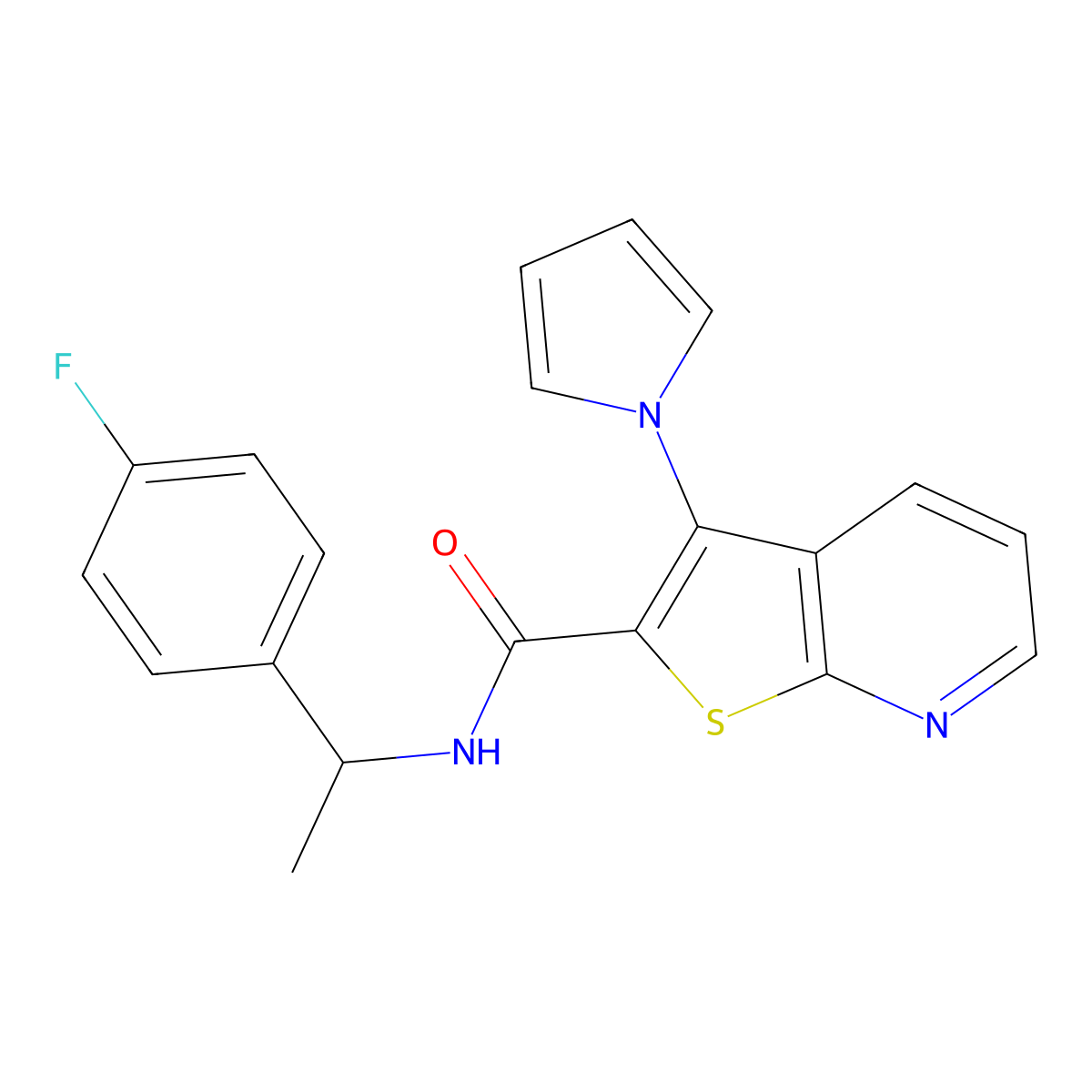 N-(1-(4-fluorophenyl)ethyl)-3-(1H-pyrrol-1-yl)thieno[2,3-b]pyridine-2-carboxamide molecular structure, CAS 1112385-30-4