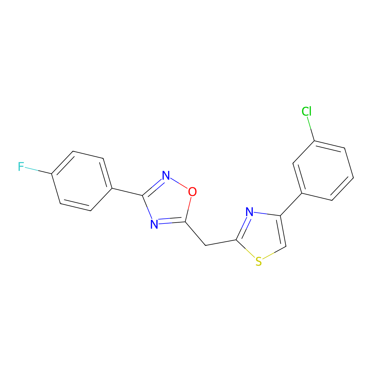 5-{[4-(3-Chlorophenyl)-1,3-thiazol-2-yl]methyl}-3-(4-fluorophenyl)-1,2,4-oxadiazole molecular structure, CAS 1112385-66-6