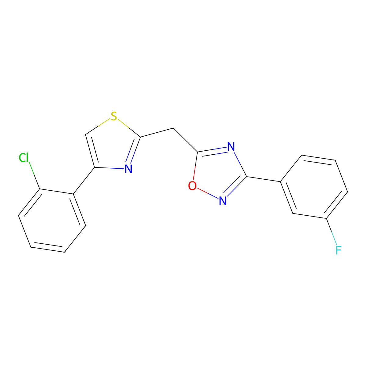 5-{[4-(2-Chlorophenyl)-1,3-thiazol-2-yl]methyl}-3-(3-fluorophenyl)-1,2,4-oxadiazole molecular structure, CAS 1112385-67-7