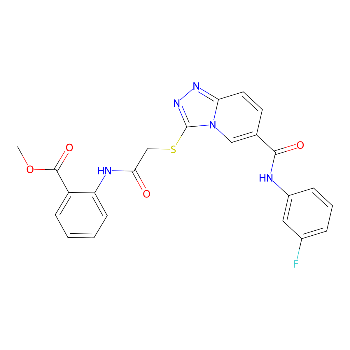 Methyl 2-(2-((6-((3-fluorophenyl)carbamoyl)-[1,2,4]triazolo[4,3-a]pyridin-3-yl)thio)acetamido)benzoate molecular structure, CAS 1112398-54-5