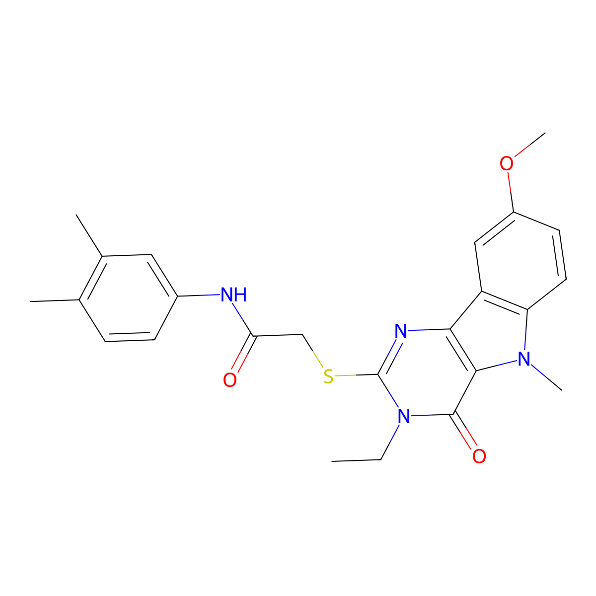 N-(3,4-dimethylphenyl)-2-({3-ethyl-8-methoxy-5-methyl-4-oxo-3H,4H,5H-pyrimido[5,4-b]indol-2-yl}sulfanyl)acetamide molecular structure, CAS 1112399-60-6