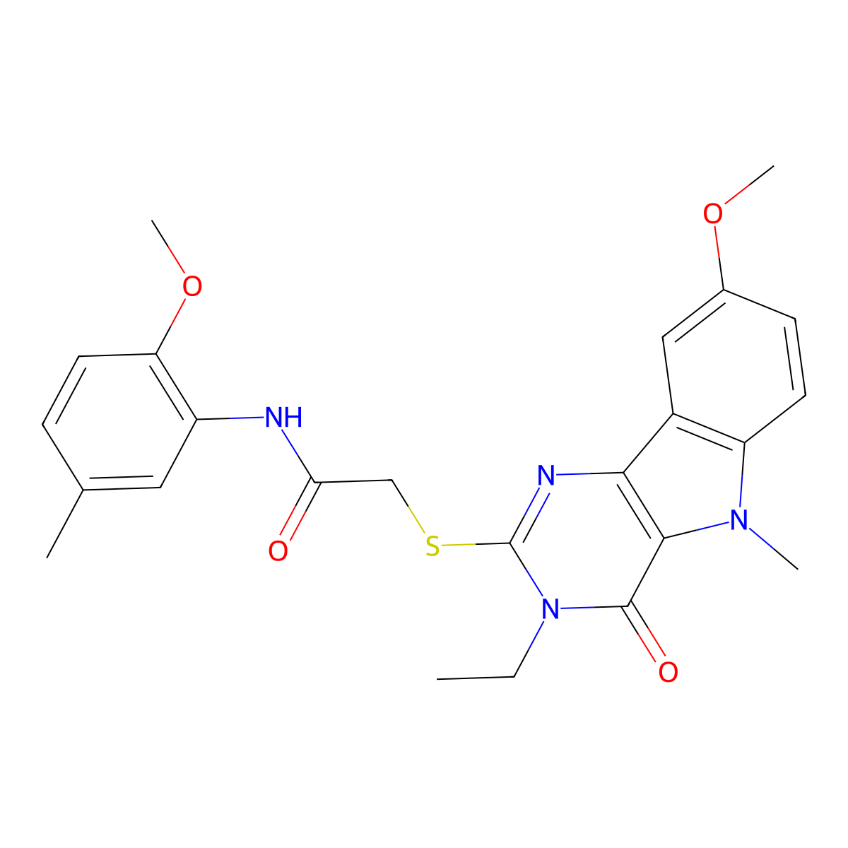 2-({3-ethyl-8-methoxy-5-methyl-4-oxo-3H,4H,5H-pyrimido[5,4-b]indol-2-yl}sulfanyl)-N-(2-methoxy-5-methylphenyl)acetamide molecular structure, CAS 1112399-77-5