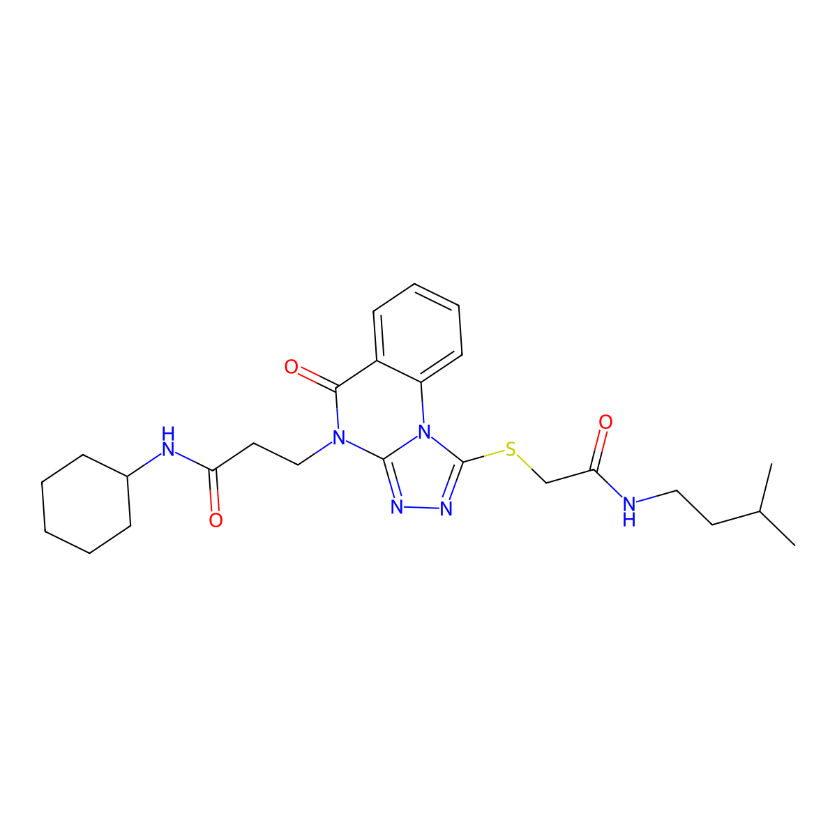 N-cyclohexyl-3-[1-({[(3-methylbutyl)carbamoyl]methyl}sulfanyl)-5-oxo-4H,5H-[1,2,4]triazolo[4,3-a]quinazolin-4-yl]propanamide molecular structure, CAS 1112407-09-6