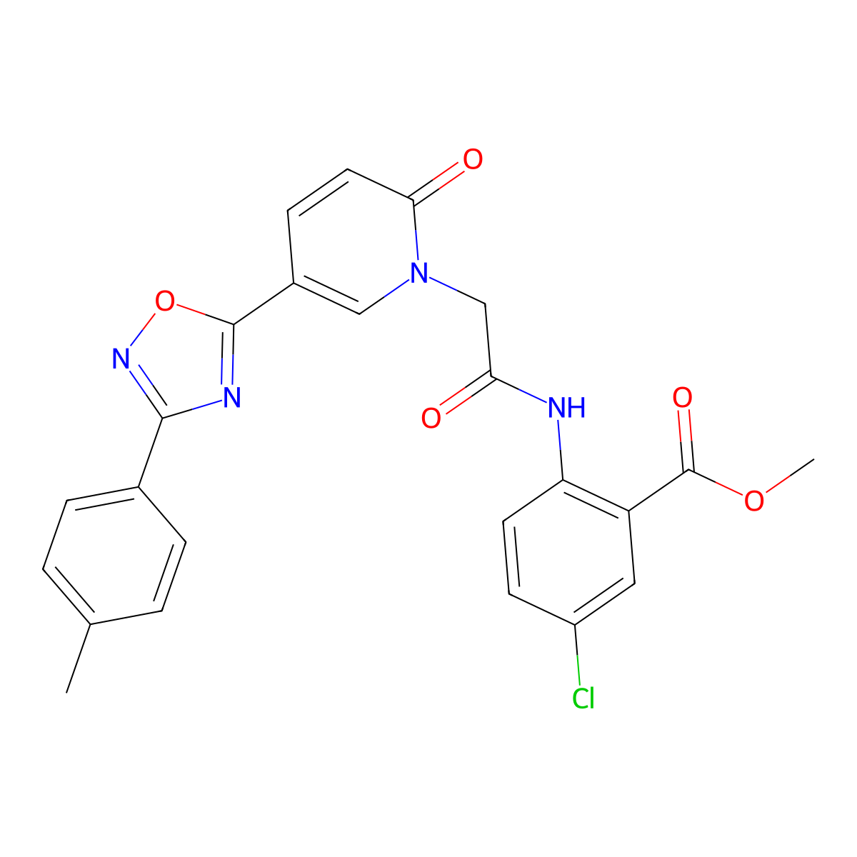 methyl 5-chloro-2-(2-(2-oxo-5-(3-(p-tolyl)-1,2,4-oxadiazol-5-yl)pyridin-1(2H)-yl)acetamido)benzoate molecular structure, CAS 1112408-70-4