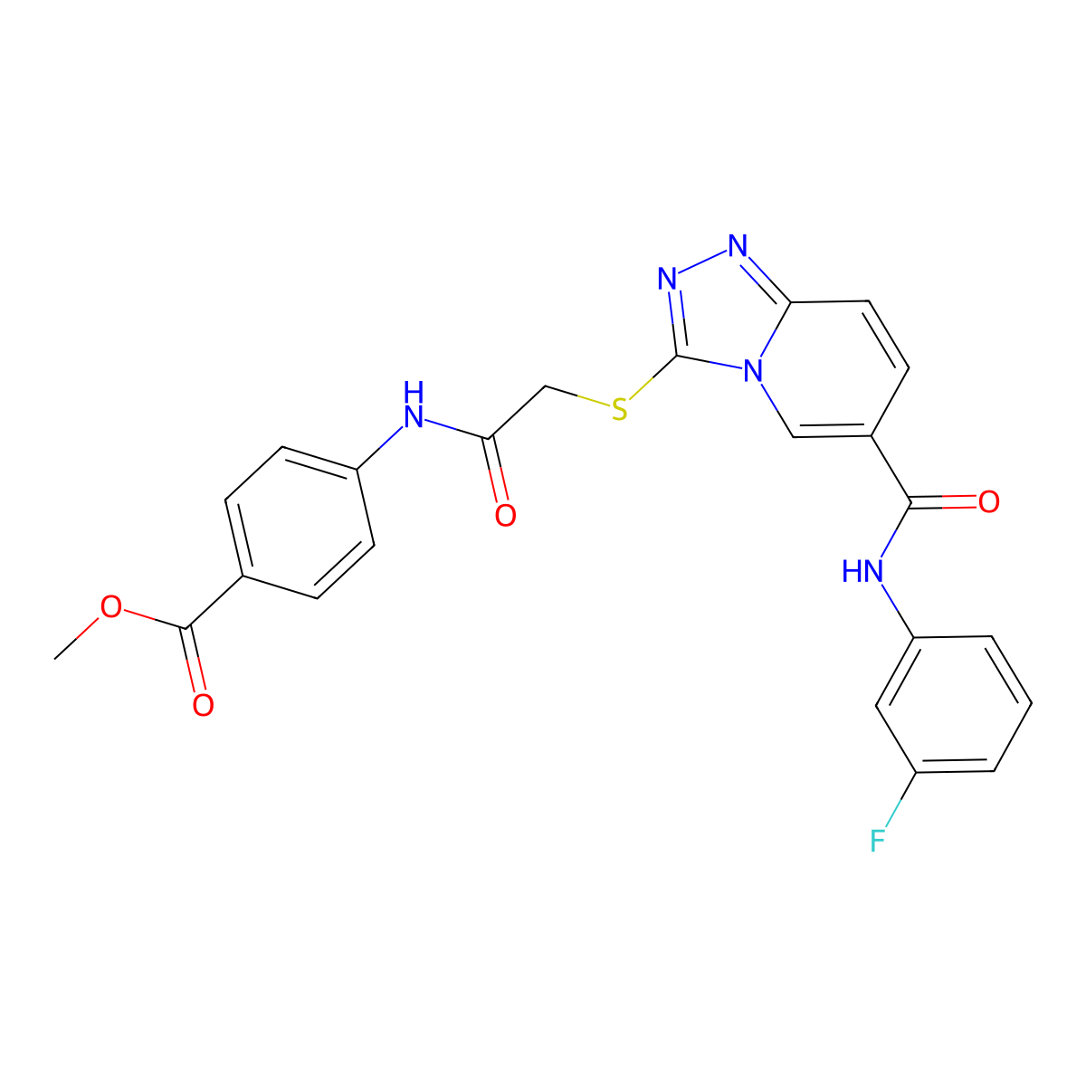 Methyl 4-(2-((6-((3-fluorophenyl)carbamoyl)-[1,2,4]triazolo[4,3-a]pyridin-3-yl)thio)acetamido)benzoate molecular structure, CAS 1112429-98-7