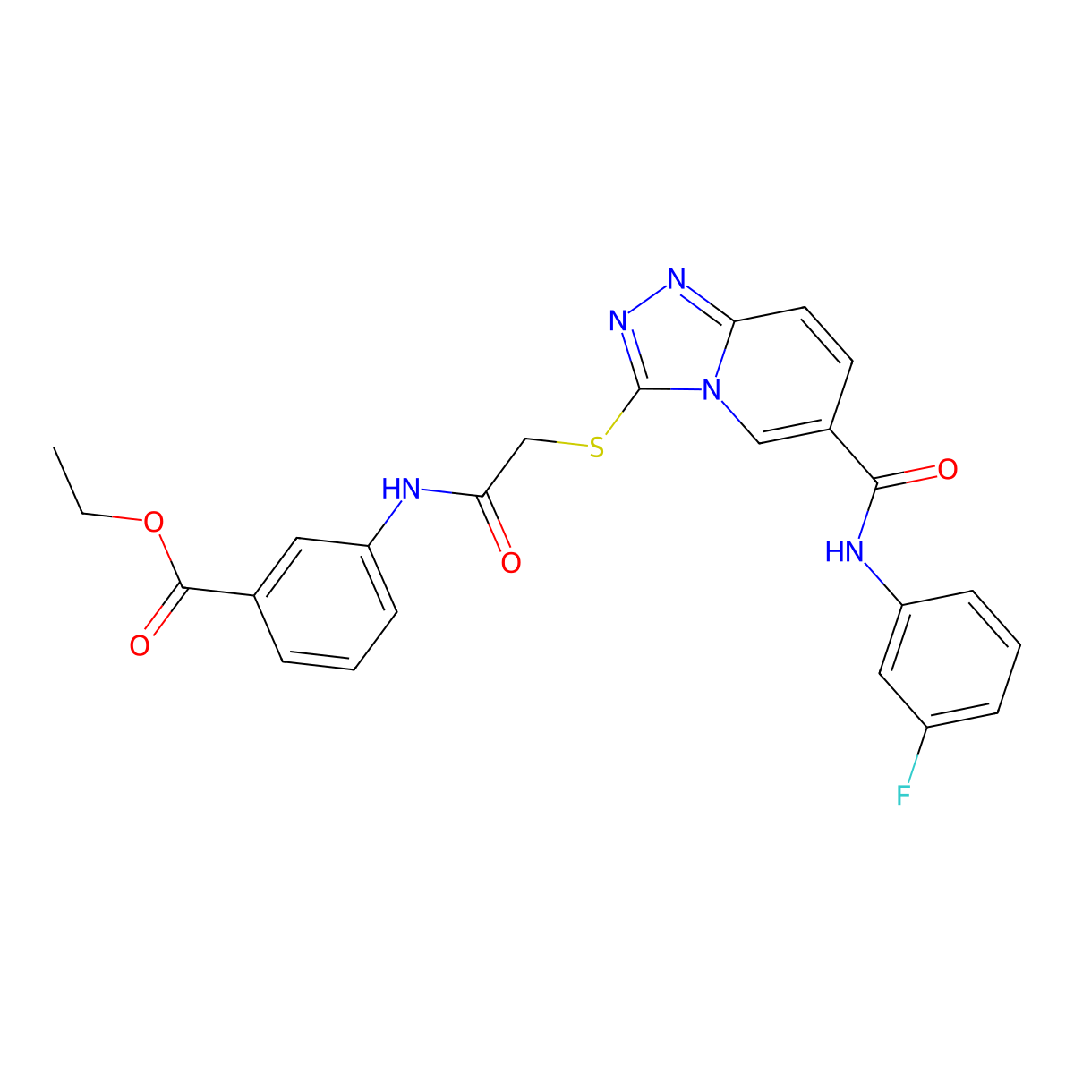 Ethyl 3-(2-((6-((3-fluorophenyl)carbamoyl)-[1,2,4]triazolo[4,3-a]pyridin-3-yl)thio)acetamido)benzoate molecular structure, CAS 1112430-00-8