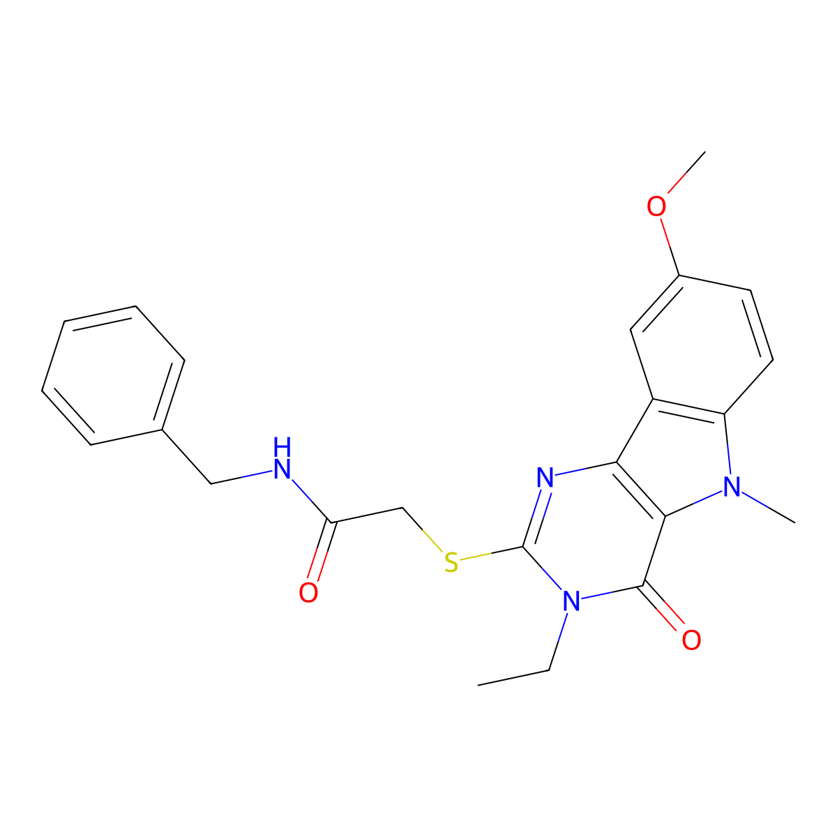 N-benzyl-2-((3-ethyl-8-methoxy-5-methyl-4-oxo-4,5-dihydro-3H-pyrimido[5,4-b]indol-2-yl)thio)acetamide molecular structure, CAS 1112430-75-7