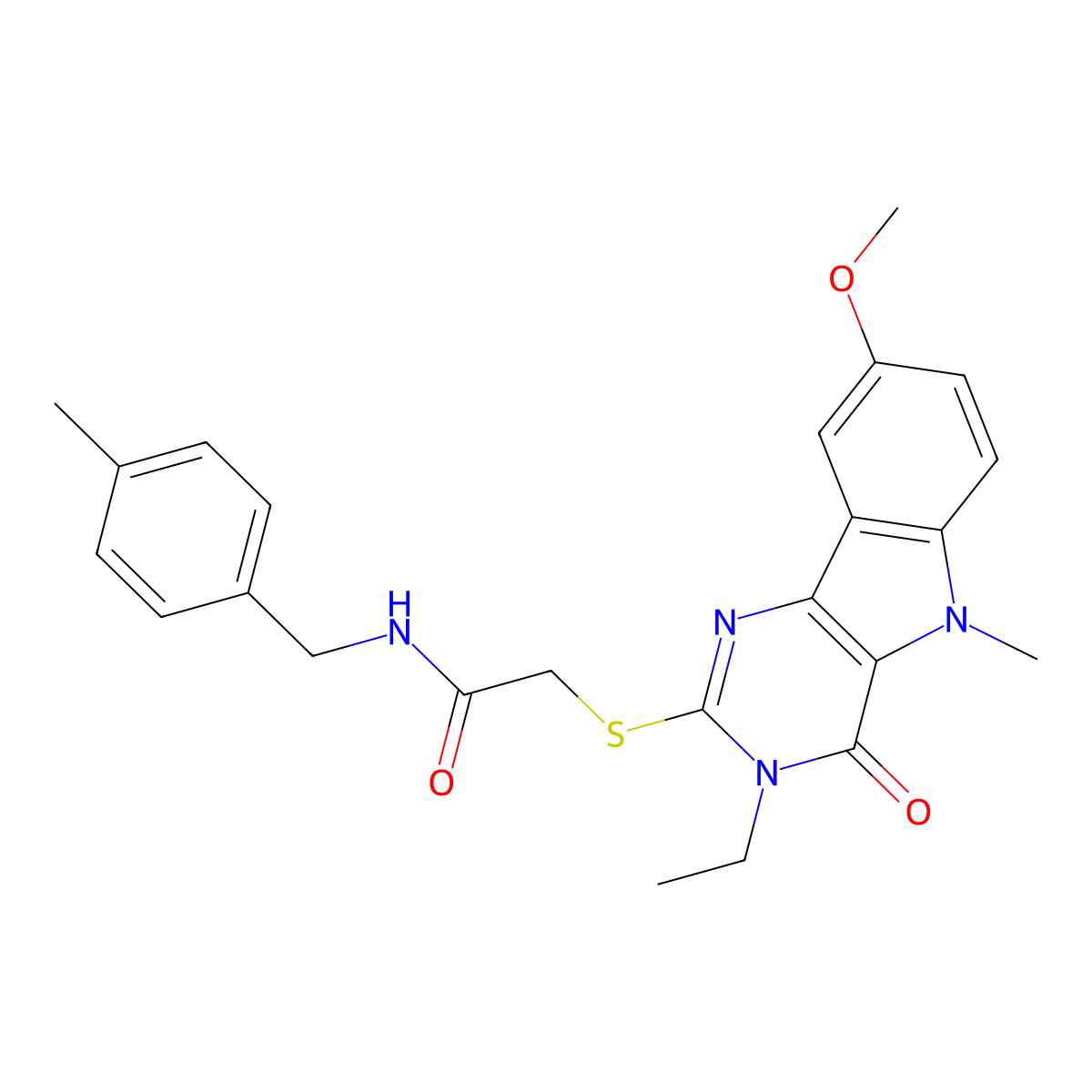 2-({3-ethyl-8-methoxy-5-methyl-4-oxo-3H,4H,5H-pyrimido[5,4-b]indol-2-yl}sulfanyl)-N-[(4-methylphenyl)methyl]acetamide molecular structure, CAS 1112430-79-1