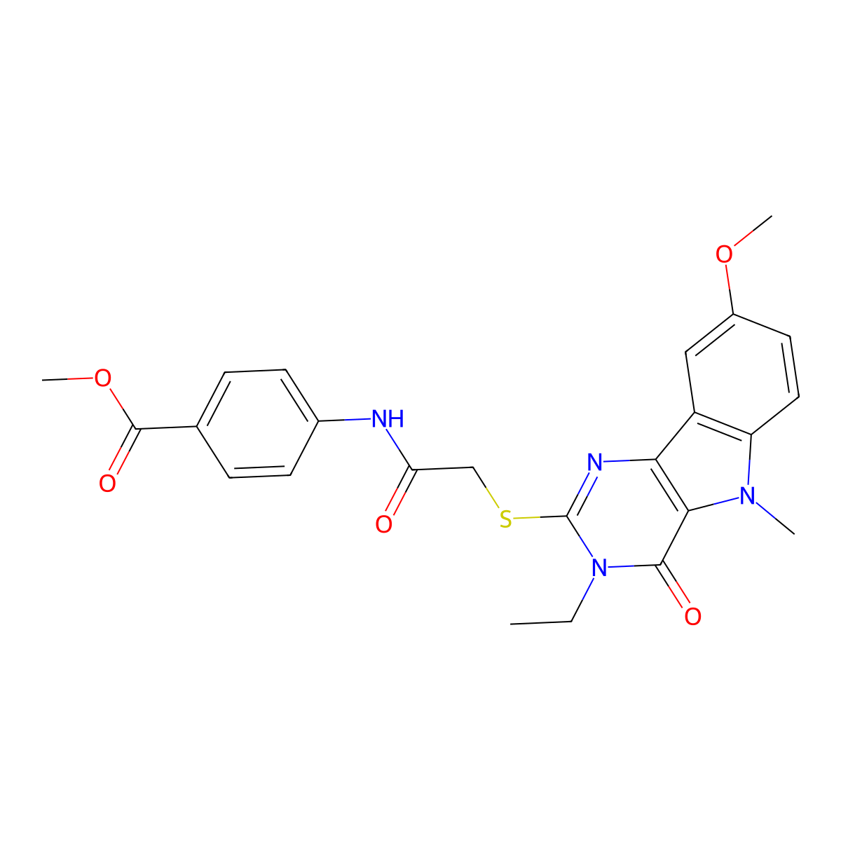 methyl 4-[2-({3-ethyl-8-methoxy-5-methyl-4-oxo-3H,4H,5H-pyrimido[5,4-b]indol-2-yl}sulfanyl)acetamido]benzoate molecular structure, CAS 1112430-91-7