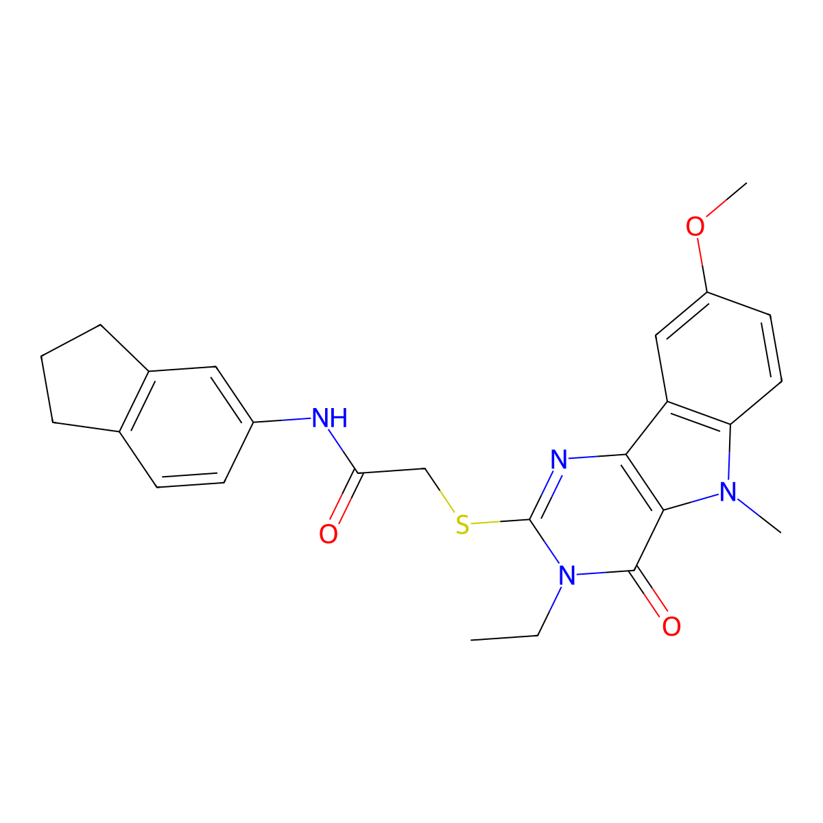 N-(2,3-dihydro-1H-inden-5-yl)-2-({3-ethyl-8-methoxy-5-methyl-4-oxo-3H,4H,5H-pyrimido[5,4-b]indol-2-yl}sulfanyl)acetamide molecular structure, CAS 1112430-92-8