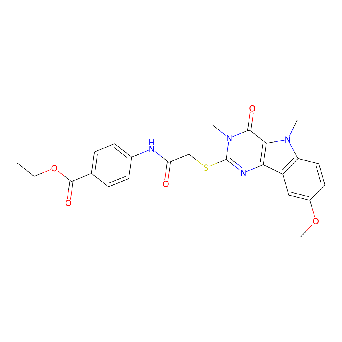 ethyl 4-[2-({8-methoxy-3,5-dimethyl-4-oxo-3H,4H,5H-pyrimido[5,4-b]indol-2-yl}sulfanyl)acetamido]benzoate molecular structure, CAS 1112435-88-7