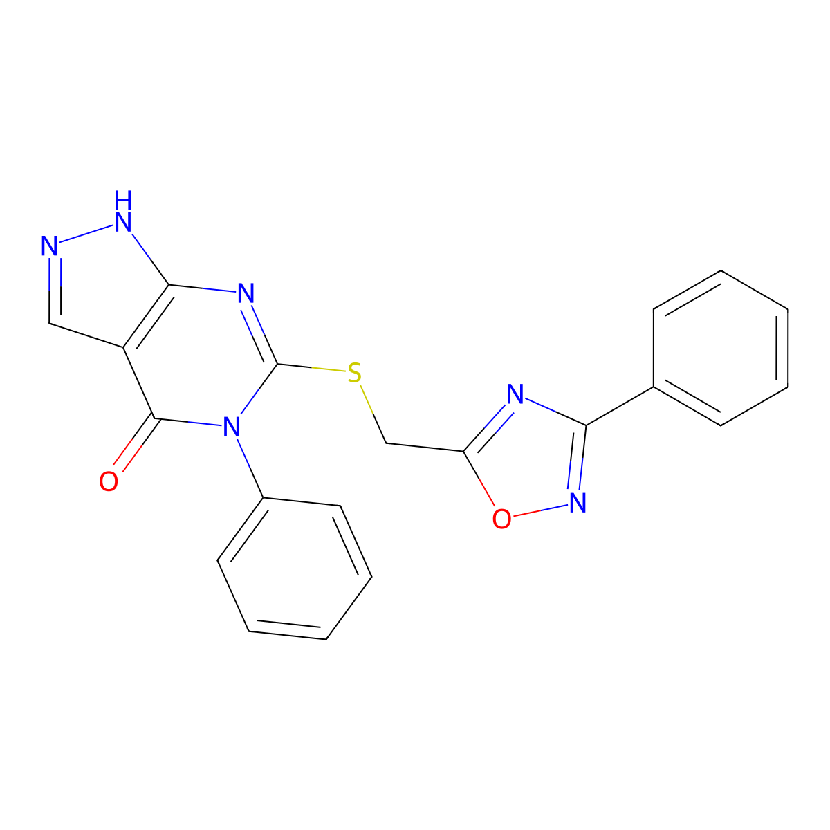 5-phenyl-6-(((3-phenyl-1,2,4-oxadiazol-5-yl)methyl)thio)-1H-pyrazolo[3,4-d]pyrimidin-4(5H)-one molecular structure, CAS 1112437-16-7
