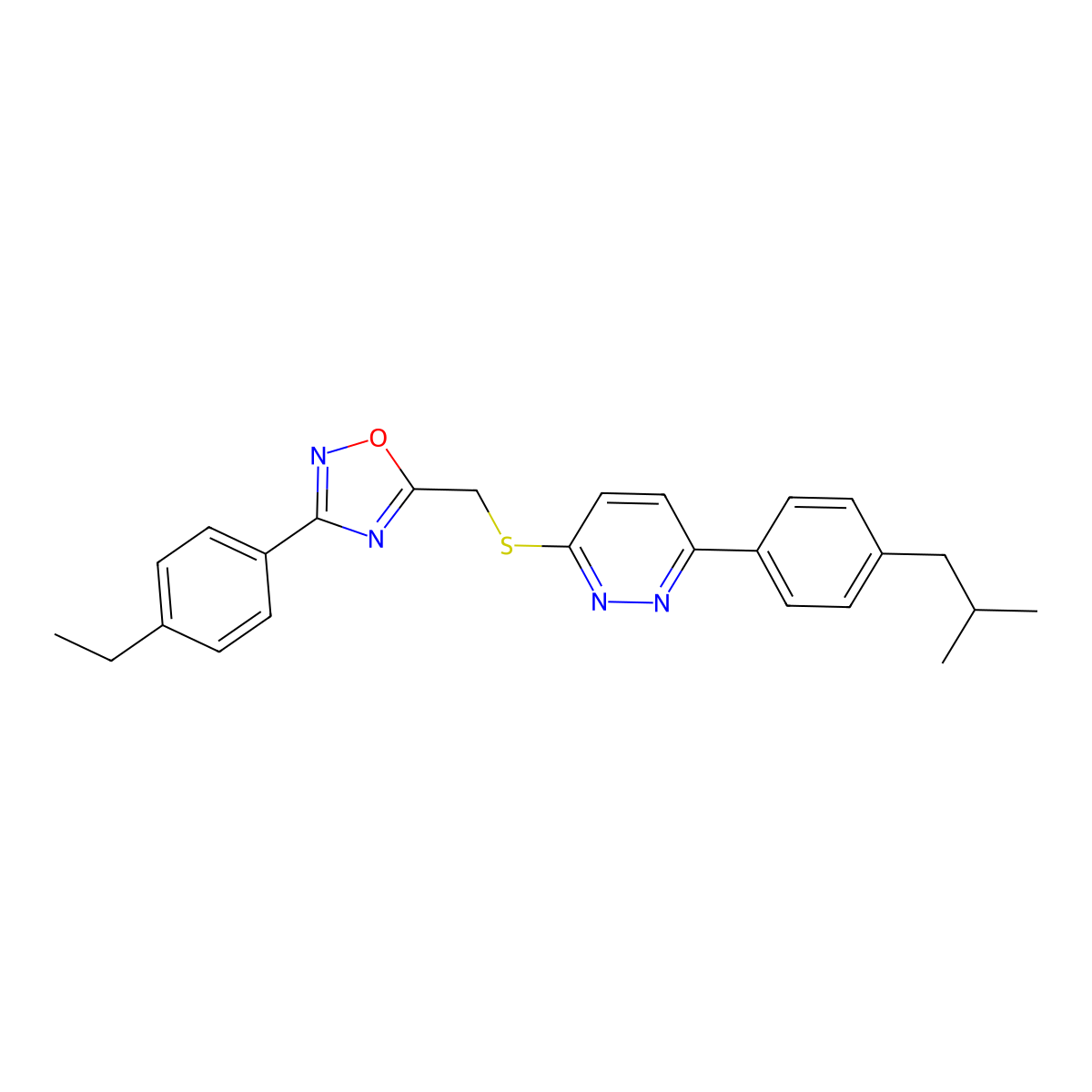 3-(4-Ethylphenyl)-5-(((6-(4-isobutylphenyl)pyridazin-3-yl)thio)methyl)-1,2,4-oxadiazole molecular structure, CAS 1112444-57-1