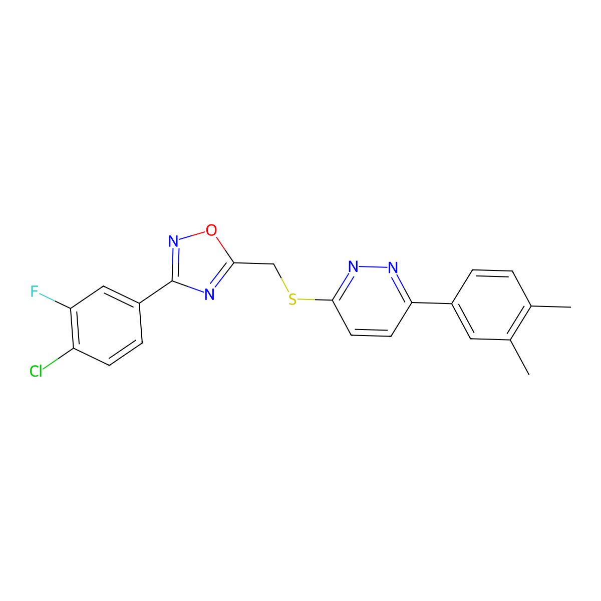 3-(4-Chloro-3-fluorophenyl)-5-(((6-(3,4-dimethylphenyl)pyridazin-3-yl)thio)methyl)-1,2,4-oxadiazole molecular structure, CAS 1112444-59-3