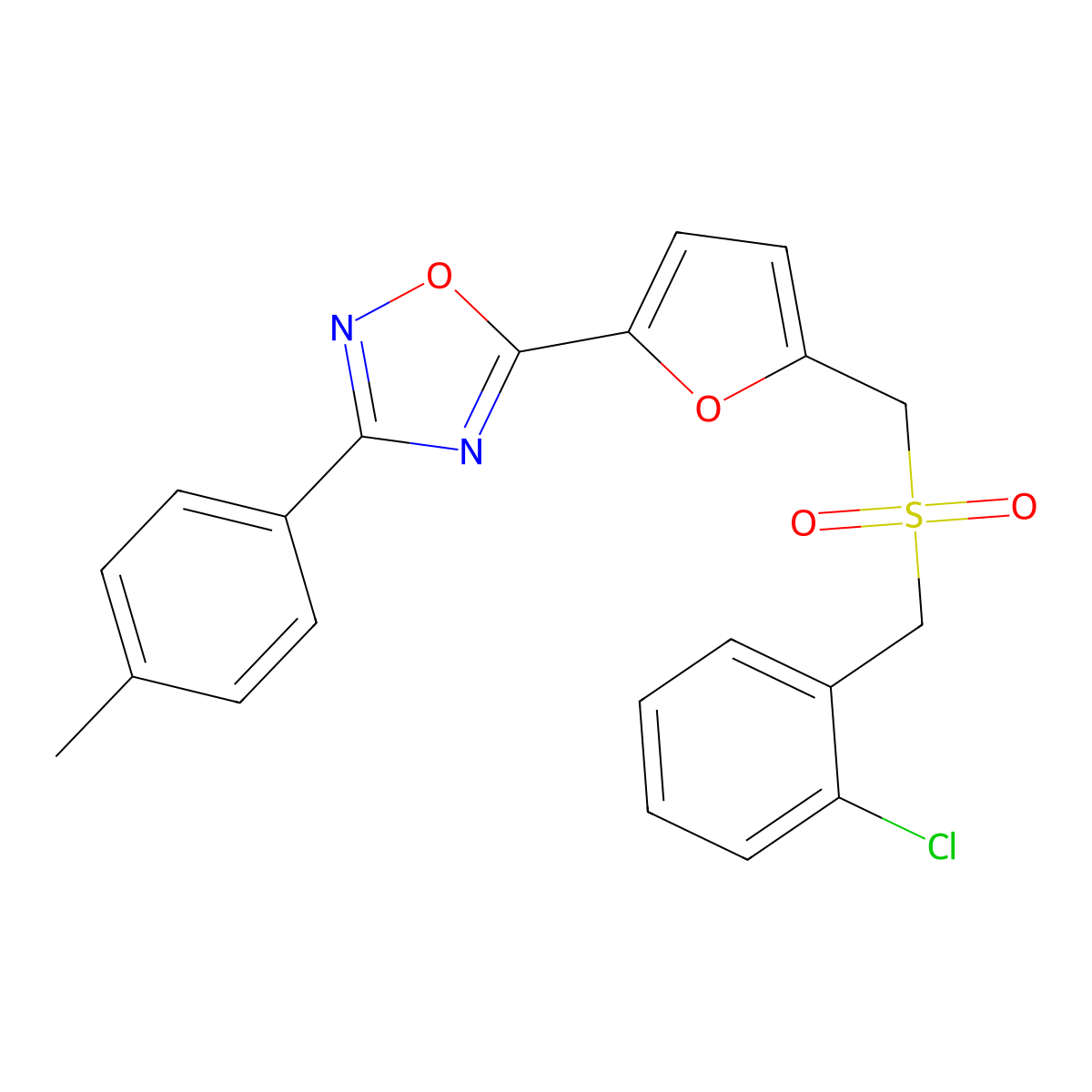 5-(5-(((2-Chlorobenzyl)sulfonyl)methyl)furan-2-yl)-3-(p-tolyl)-1,2,4-oxadiazole molecular structure, CAS 1112444-78-6