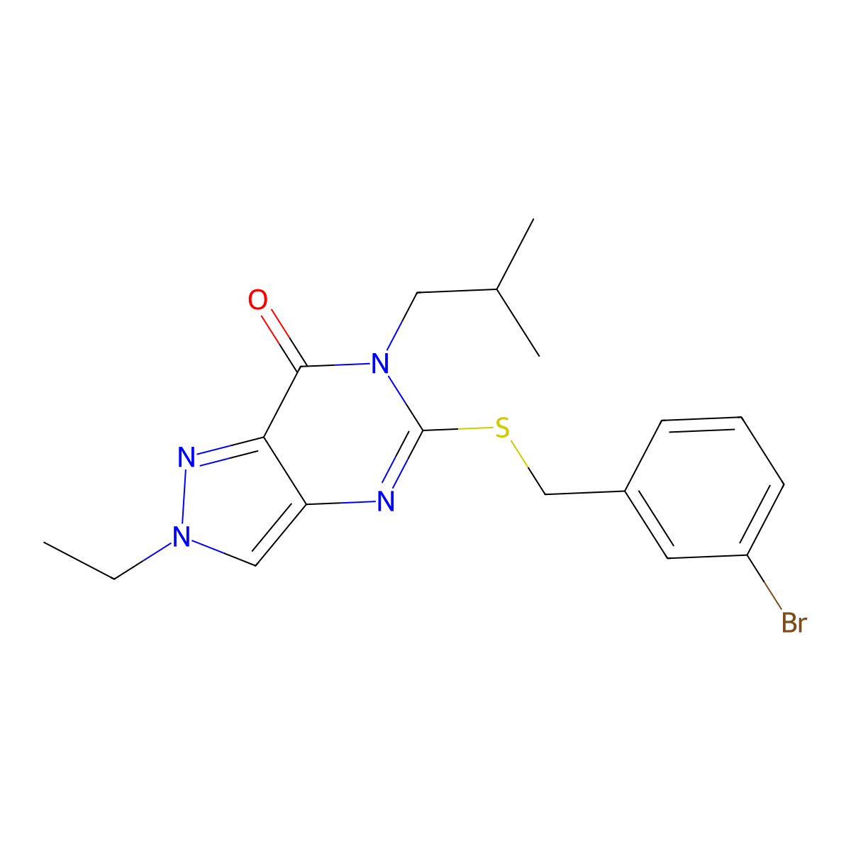 5-((3-bromobenzyl)thio)-2-ethyl-6-isobutyl-2H-pyrazolo[4,3-d]pyrimidin-7(6H)-one molecular structure, CAS 1112444-88-8
