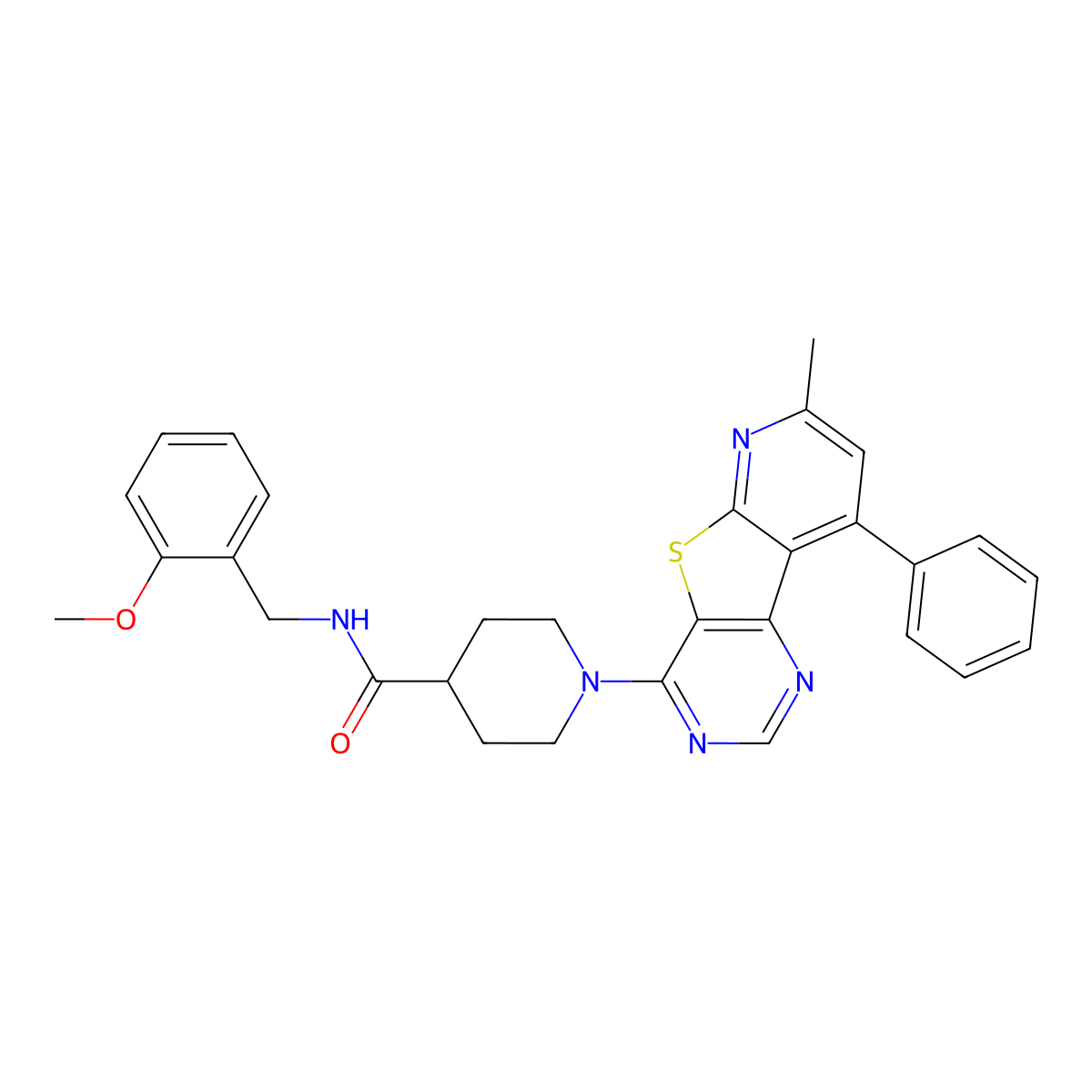 N-[(2-methoxyphenyl)methyl]-1-{11-methyl-13-phenyl-8-thia-3,5,10-triazatricyclo[7.4.0.0^{2,7}]trideca-1(13),2(7),3,5,9,11-hexaen-6-yl}piperidine-4-carboxamide molecular structure, CAS 1112444-99-1