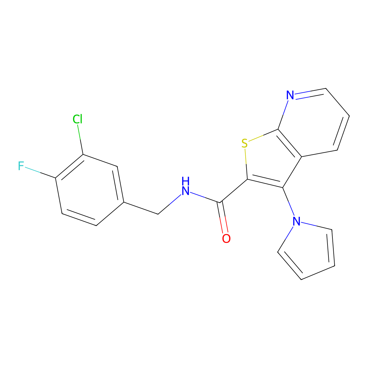 N-(3-chloro-4-fluorobenzyl)-3-(1H-pyrrol-1-yl)thieno[2,3-b]pyridine-2-carboxamide molecular structure, CAS 1112446-48-6