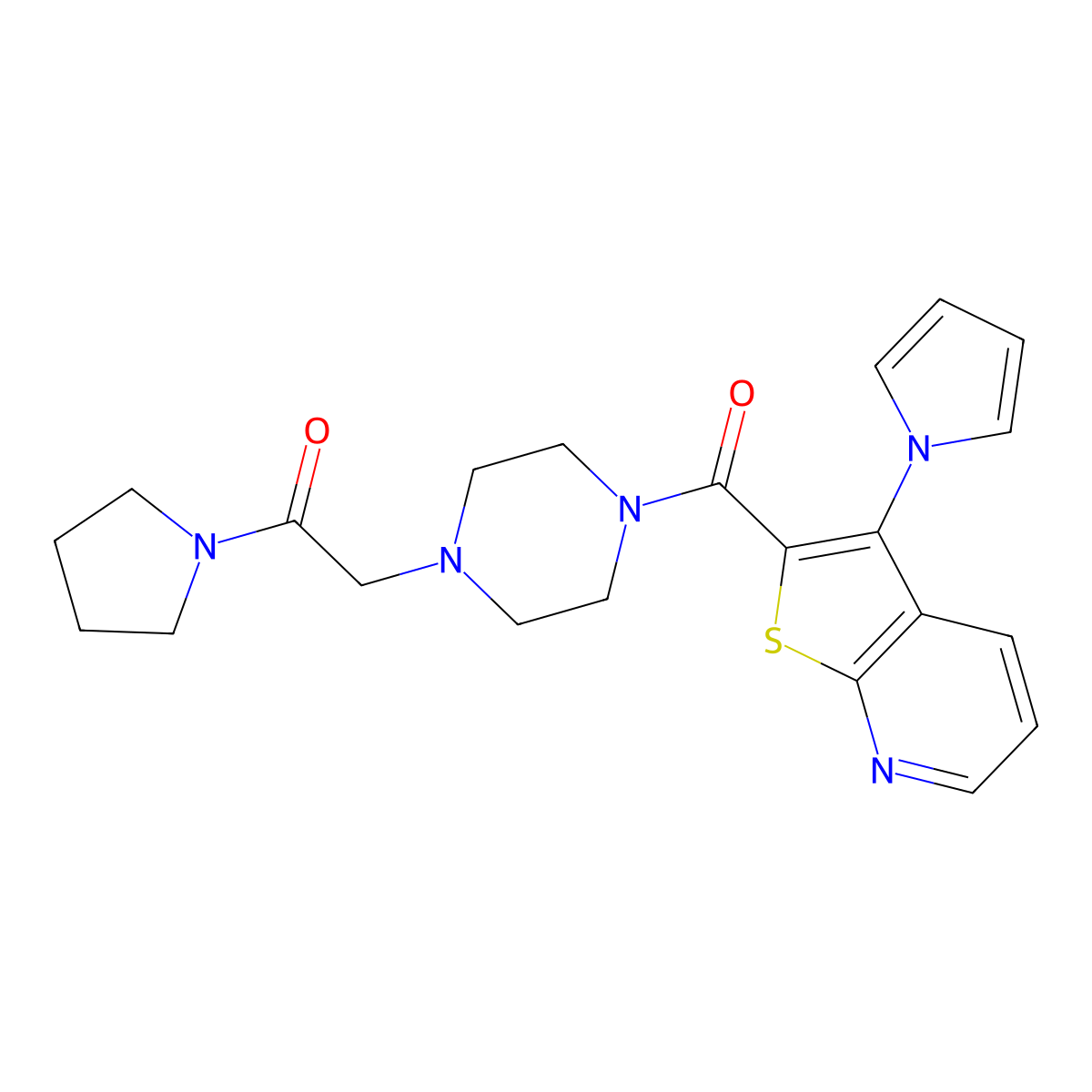 1-(pyrrolidin-1-yl)-2-(4-{[3-(1H-pyrrol-1-yl)thieno[2,3-b]pyridin-2-yl]carbonyl}piperazin-1-yl)ethanone molecular structure, CAS 1112446-55-5