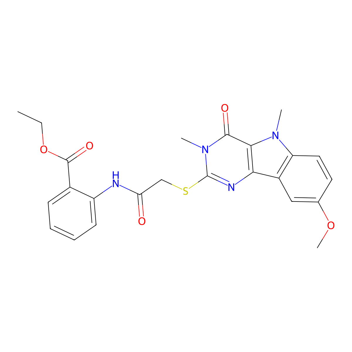 ethyl 2-[2-({8-methoxy-3,5-dimethyl-4-oxo-3H,4H,5H-pyrimido[5,4-b]indol-2-yl}sulfanyl)acetamido]benzoate molecular structure, CAS 1113102-22-9